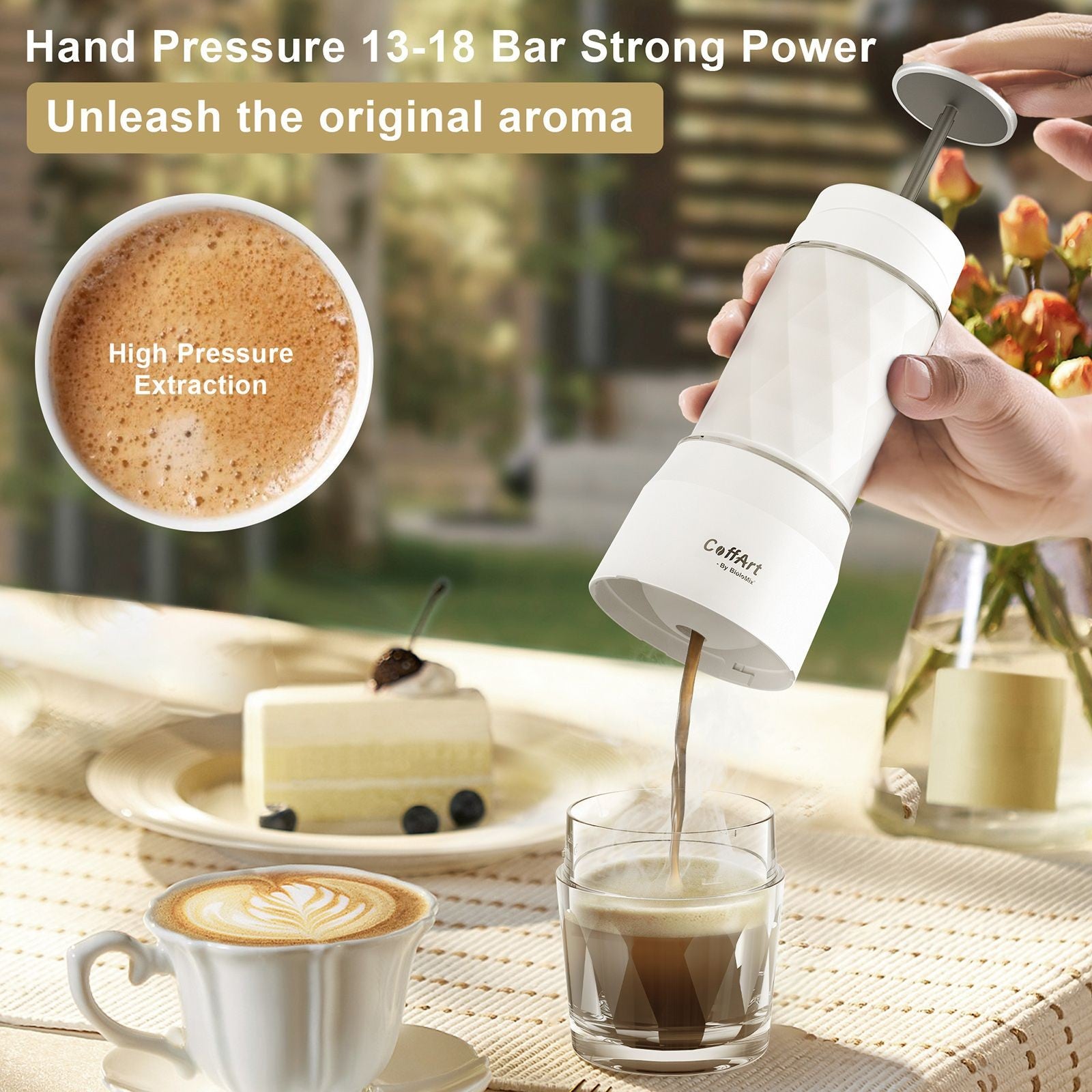 Cafetera Portátil BioloMix HS8439, Cafetera de Cápsulas y Café Molido con Presión Manual de 13-18 Bar, Depósito de Agua de 80 ml, para Viajes y Picnic - Negra