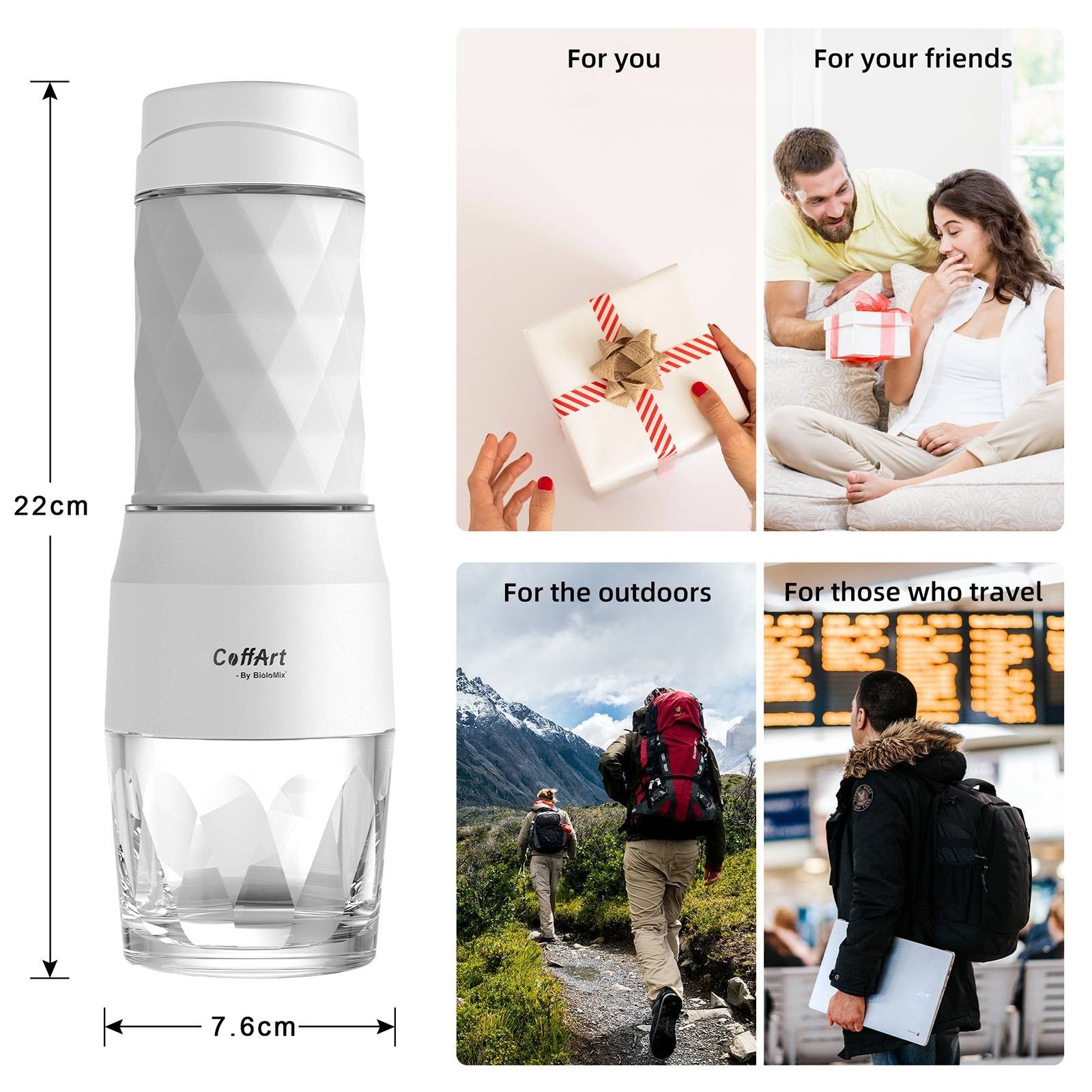 Cafetera Portátil BioloMix HS8439, Cafetera de Cápsulas y Café Molido con Presión Manual de 13-18 Bar, Depósito de Agua de 80 ml, para Viajes y Picnic - Negra