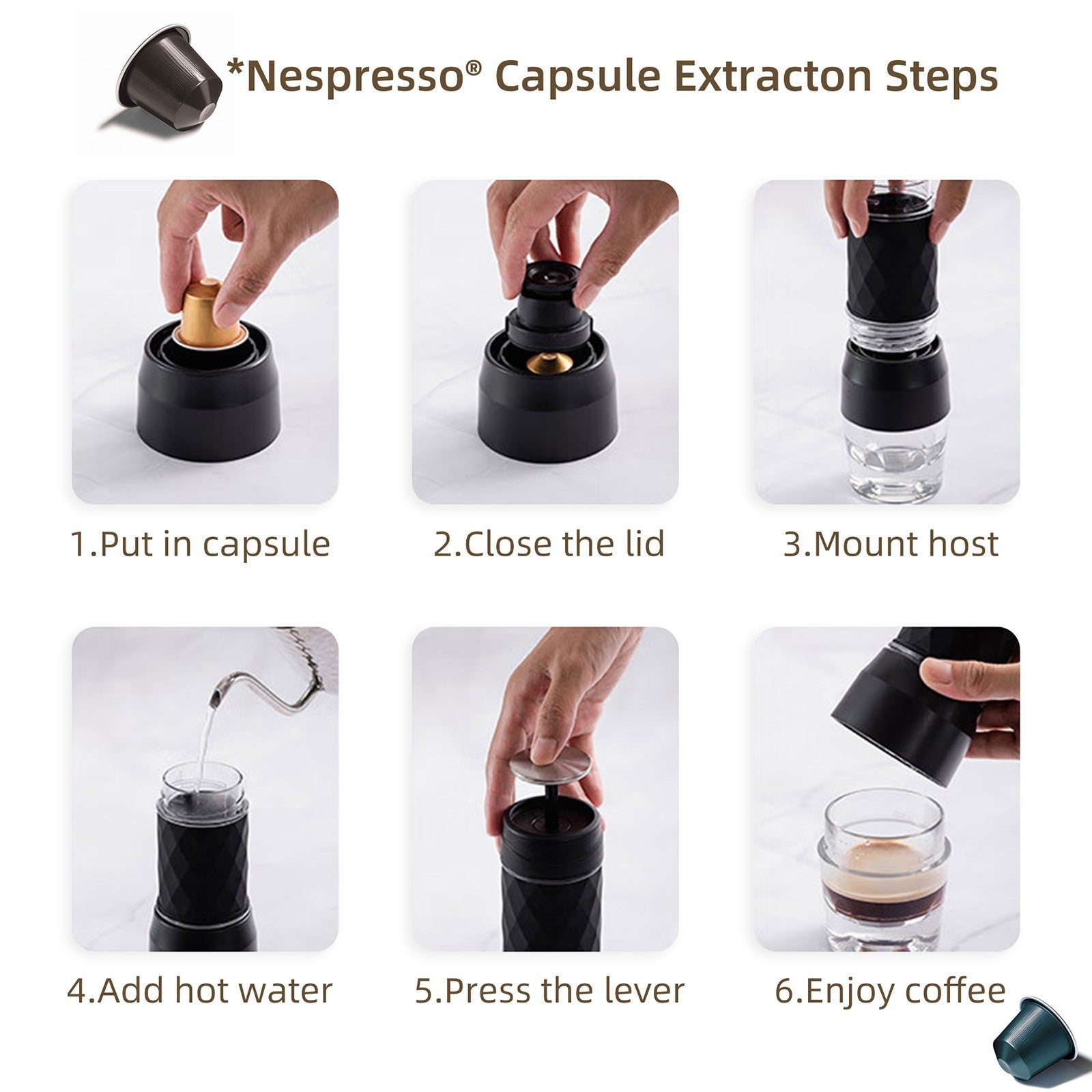 Cafetera Portátil BioloMix HS8439, Cafetera de Cápsulas y Café Molido con Presión Manual de 13-18 Bar, Depósito de Agua de 80 ml, para Viajes y Picnic - Negra