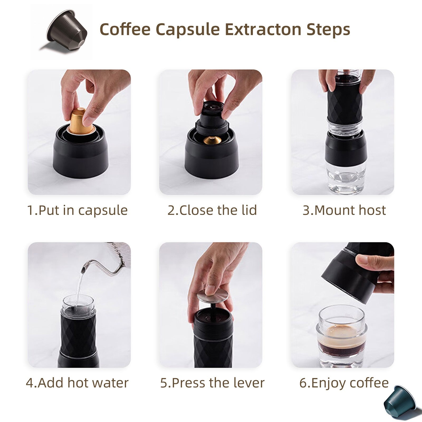 Cafetera Portátil BioloMix HS8439, Cafetera de Cápsulas y Café Molido con Presión Manual de 13-18 Bar, Depósito de Agua de 80 ml, para Viajes y Picnic - Negra