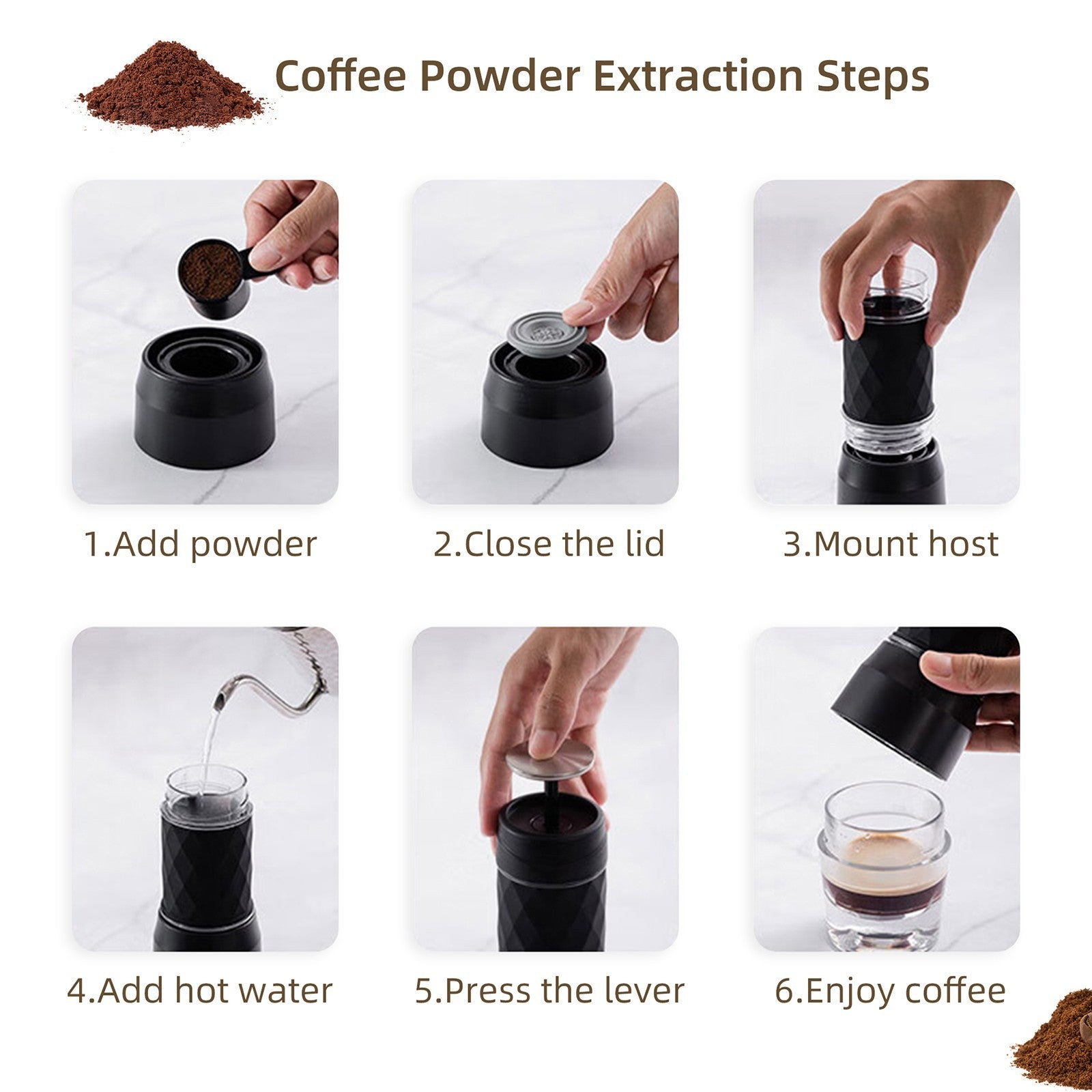 Cafetera Portátil BioloMix HS8439, Cafetera de Cápsulas y Café Molido con Presión Manual de 13-18 Bar, Depósito de Agua de 80 ml, para Viajes y Picnic - Negra