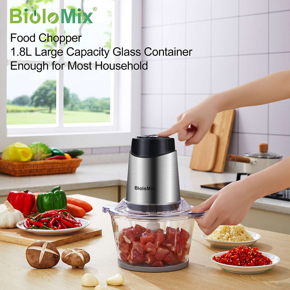 Picadora de carne eléctrica BioloMix P6001 de 500 W, procesador de alimentos con vaso de vidrio de 1,8 L, dos velocidades, para verduras, cebolla y ajo.