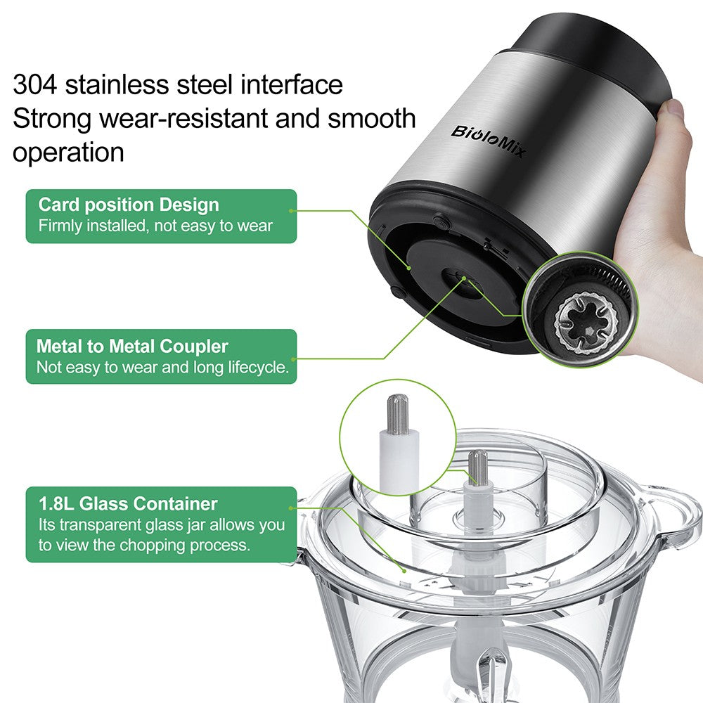 Picadora de carne eléctrica BioloMix P6001 de 500 W, procesador de alimentos con vaso de vidrio de 1,8 L, dos velocidades, para verduras, cebolla y ajo.