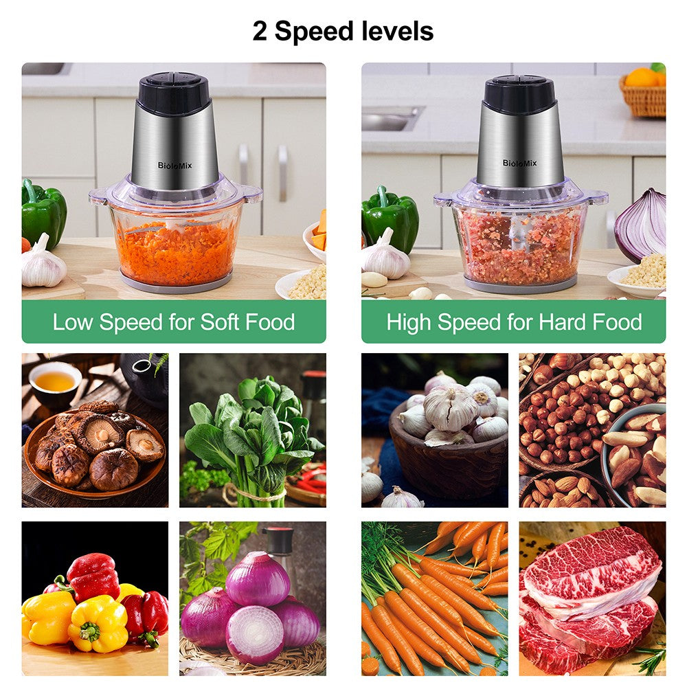 Picadora de carne eléctrica BioloMix P6001 de 500 W, procesador de alimentos con vaso de vidrio de 1,8 L, dos velocidades, para verduras, cebolla y ajo.