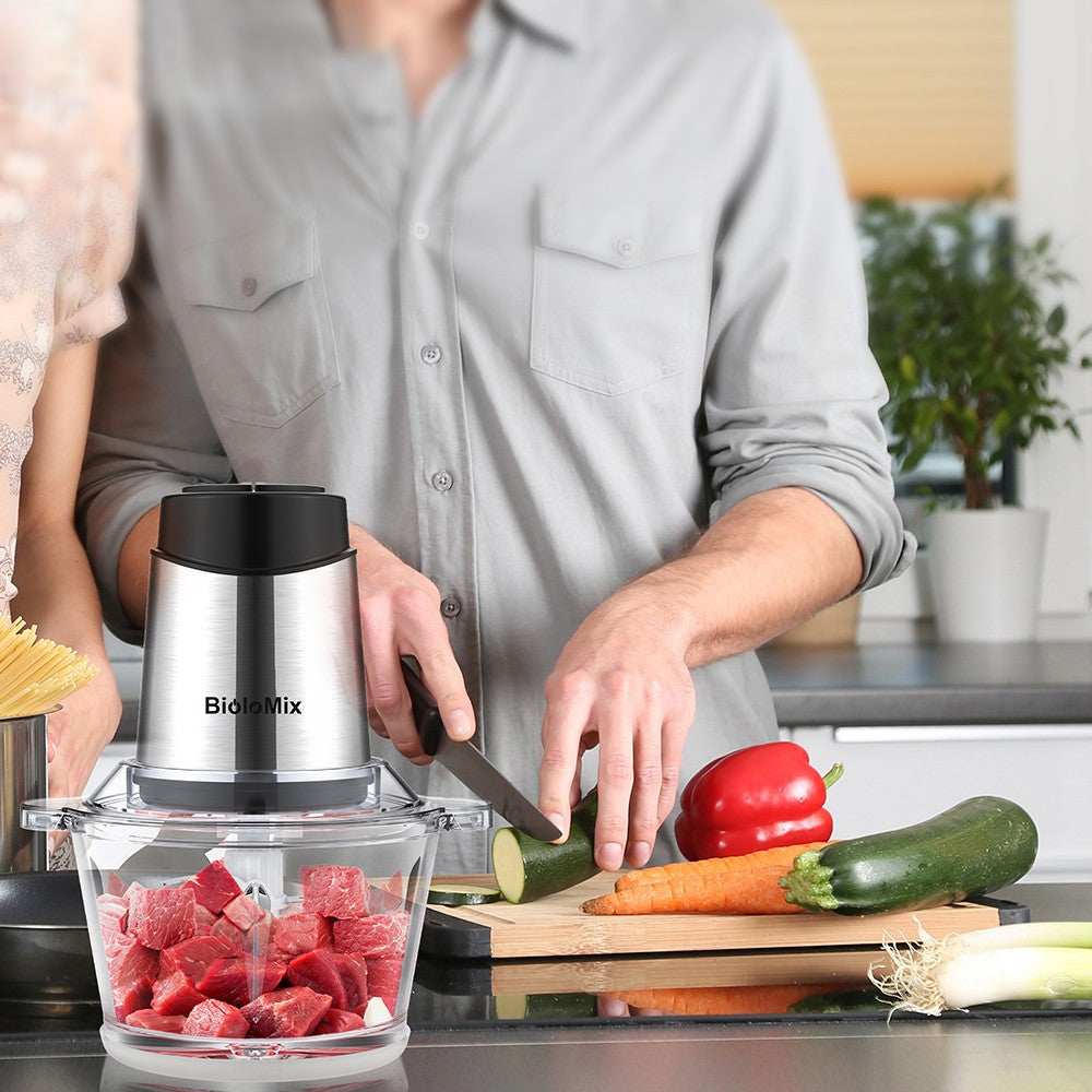 Picadora de carne eléctrica BioloMix P6001 de 500 W, procesador de alimentos con vaso de vidrio de 1,8 L, dos velocidades, para verduras, cebolla y ajo.