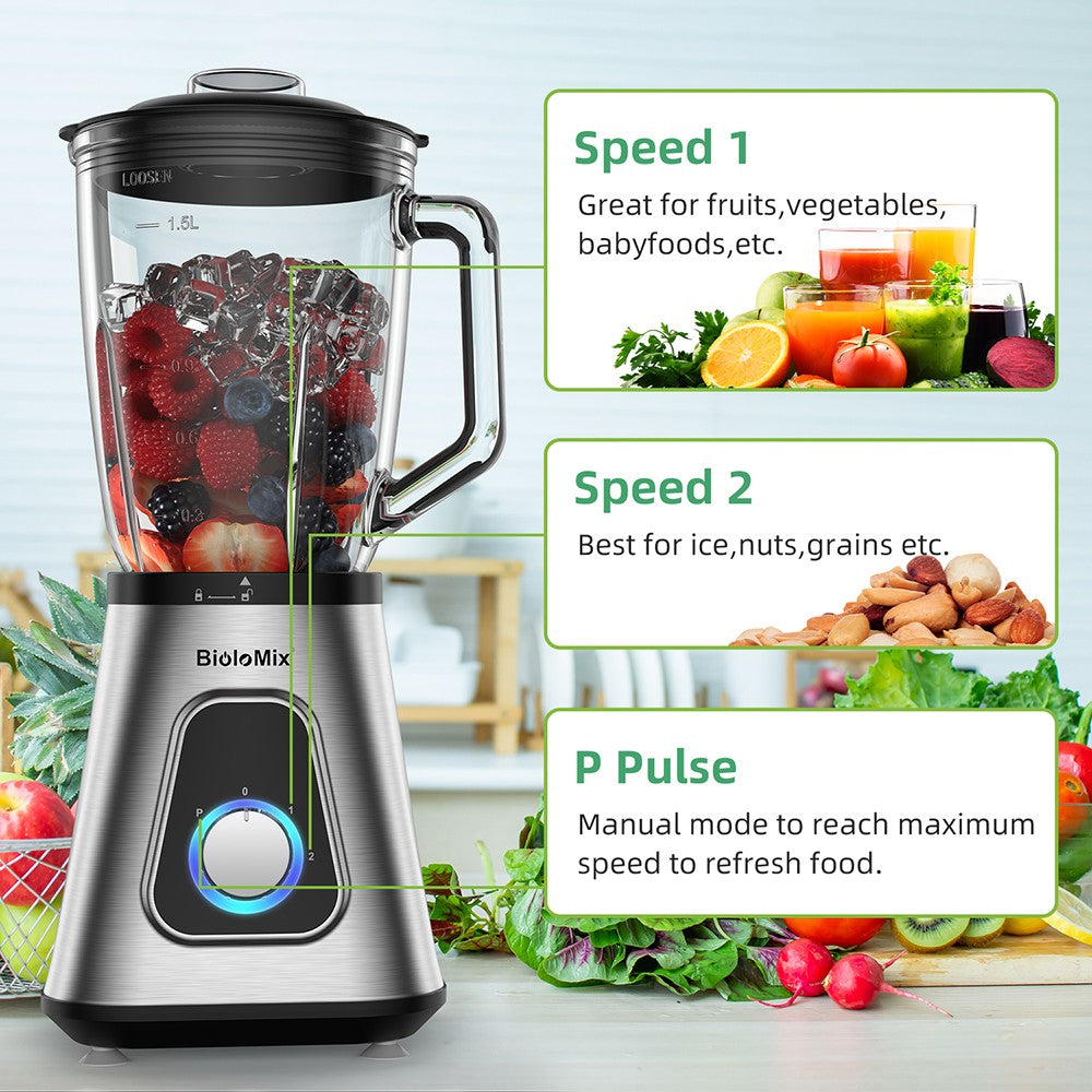 BioloMix SF701 Batidora de vaso para smoothies de 1300W con jarra de cristal de 1.5L, 2 velocidades y función Pulse.