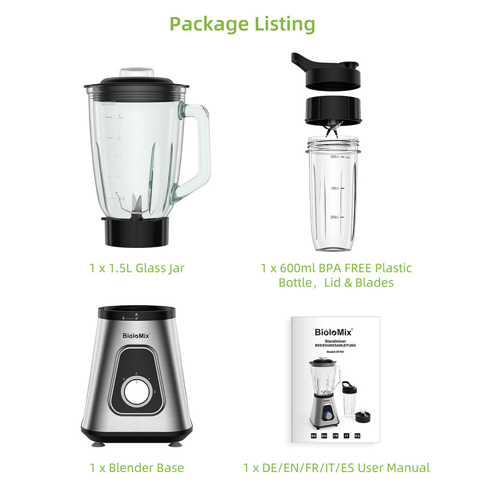 BioloMix SF701 Batidora de vaso para smoothies de 1300W con jarra de cristal de 1.5L, 2 velocidades y función Pulse.