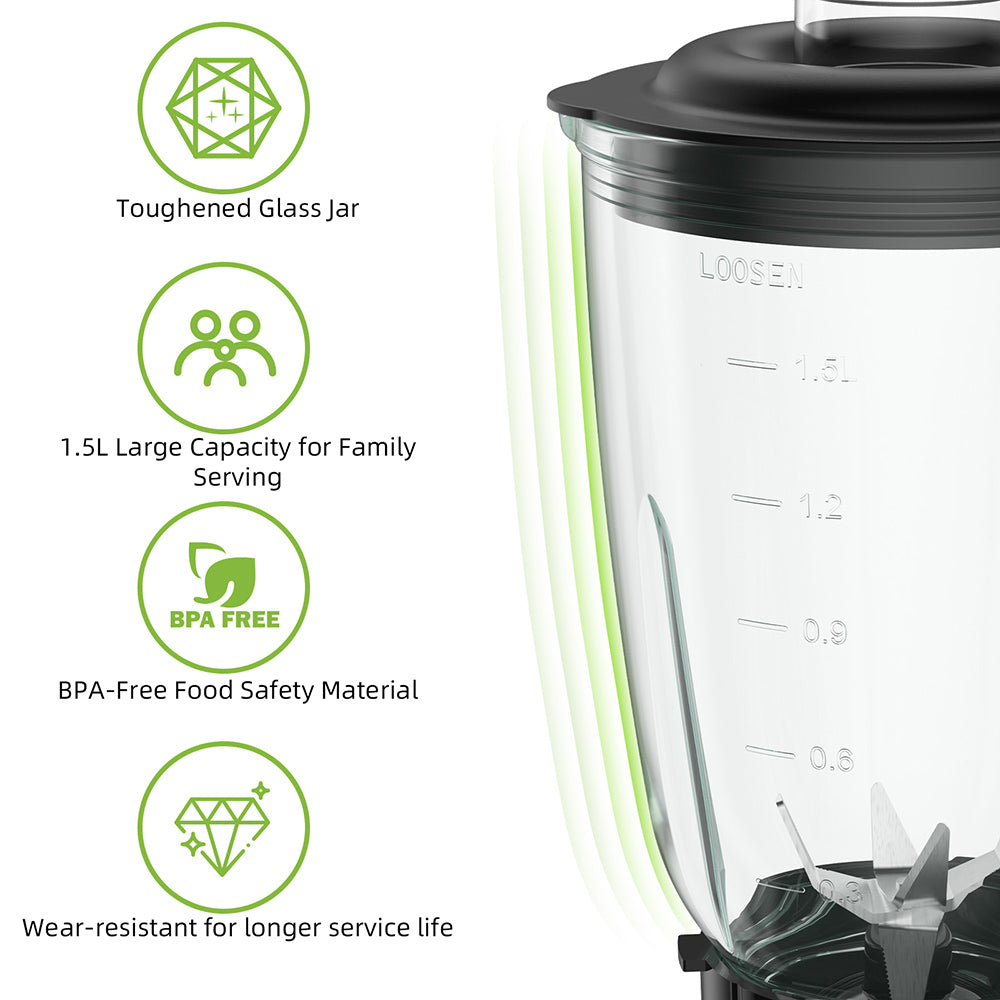 BioloMix SF701 Batidora de vaso para smoothies de 1300W con jarra de cristal de 1.5L, 2 velocidades y función Pulse.