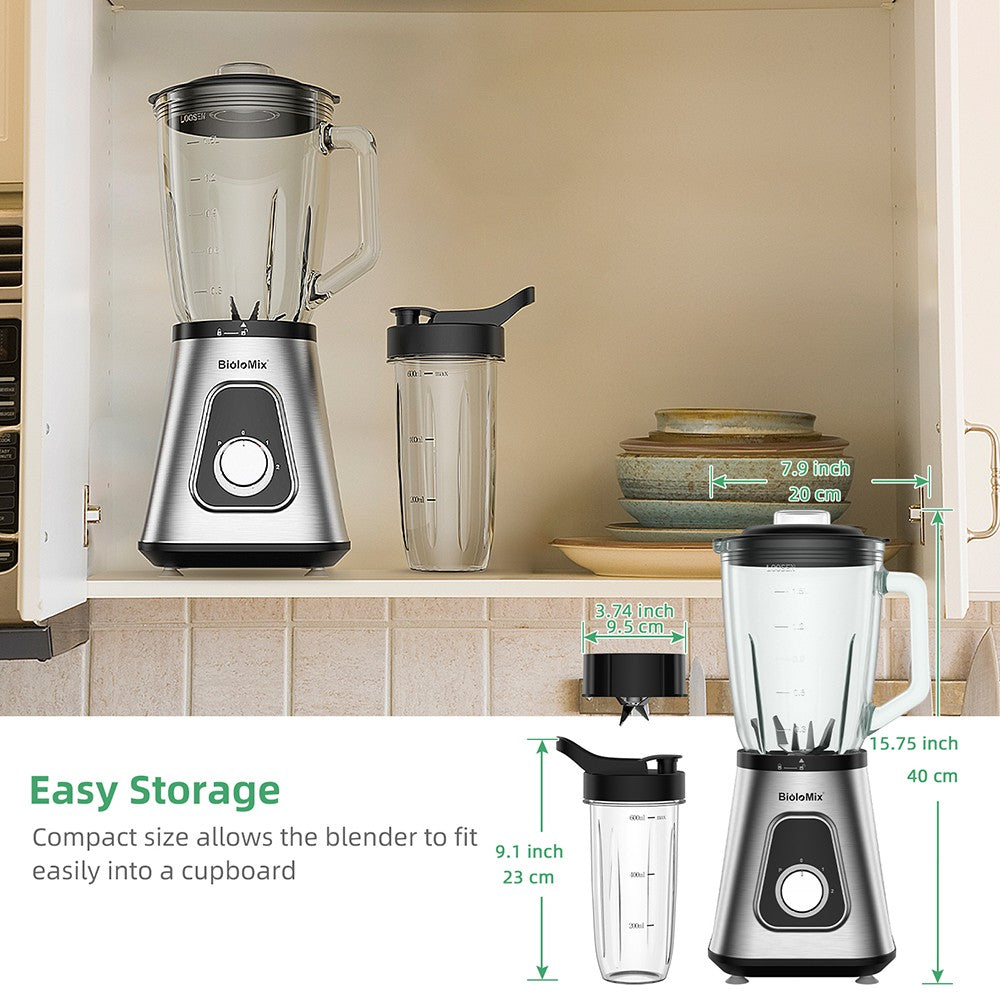 BioloMix SF701 Batidora de vaso para smoothies de 1300W con jarra de cristal de 1.5L, 2 velocidades y función Pulse.