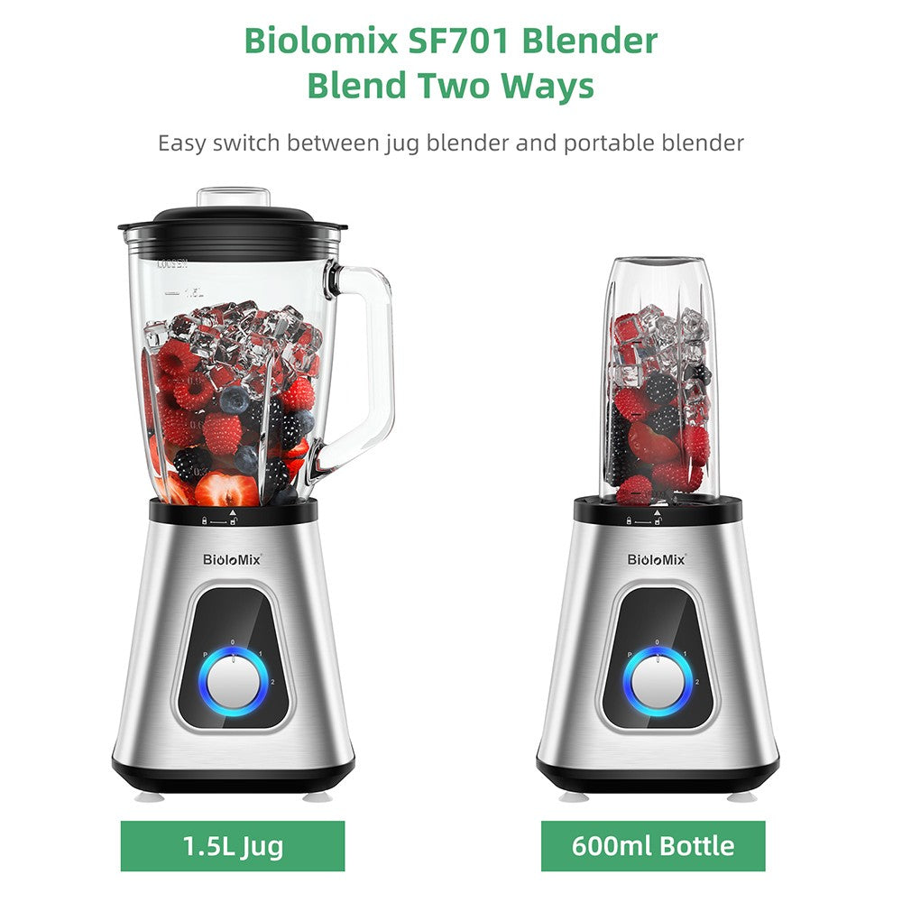 BioloMix SF701 Batidora de vaso para smoothies de 1300W con jarra de cristal de 1.5L, 2 velocidades y función Pulse.