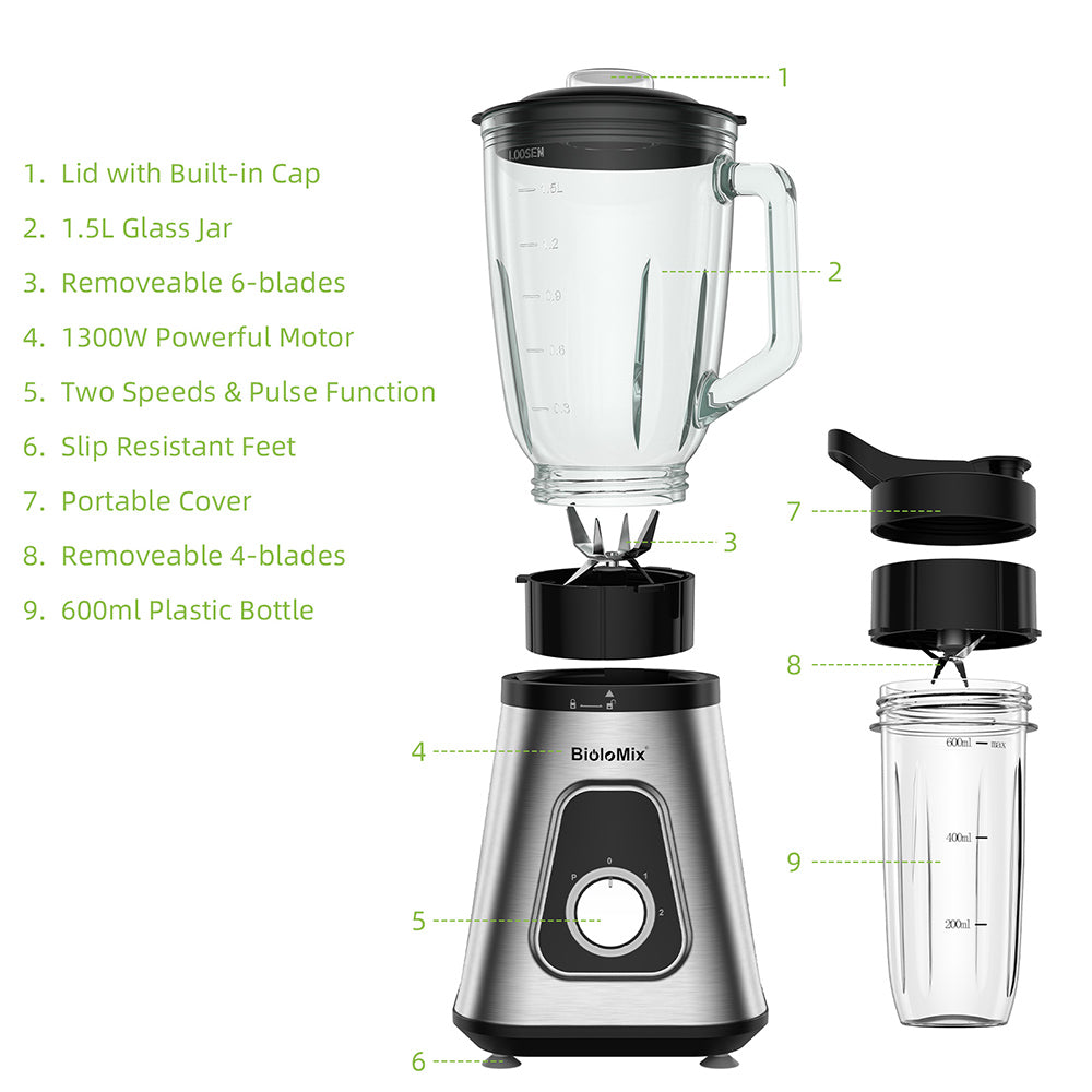 BioloMix SF701 Batidora de vaso para smoothies de 1300W con jarra de cristal de 1.5L, 2 velocidades y función Pulse.