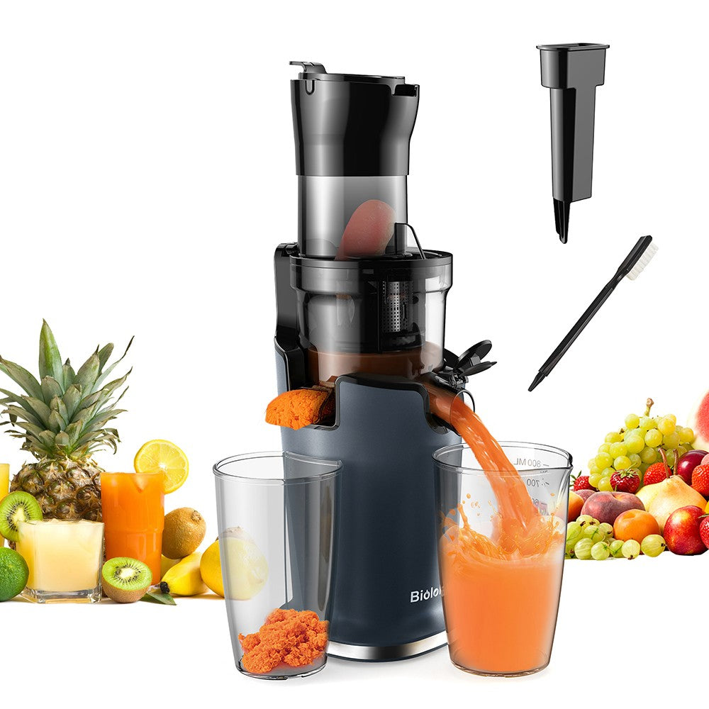 Exprimidor de Prensado en Frío BioloMix, con conducto de alimentación de 78 mm/3,07 pulgadas, potente motor de 200 W y 40-65 RPM, máquina de zumo de baja velocidad y bajo ruido.
