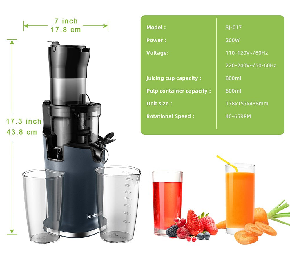Exprimidor de Prensado en Frío BioloMix, con conducto de alimentación de 78 mm/3,07 pulgadas, potente motor de 200 W y 40-65 RPM, máquina de zumo de baja velocidad y bajo ruido.