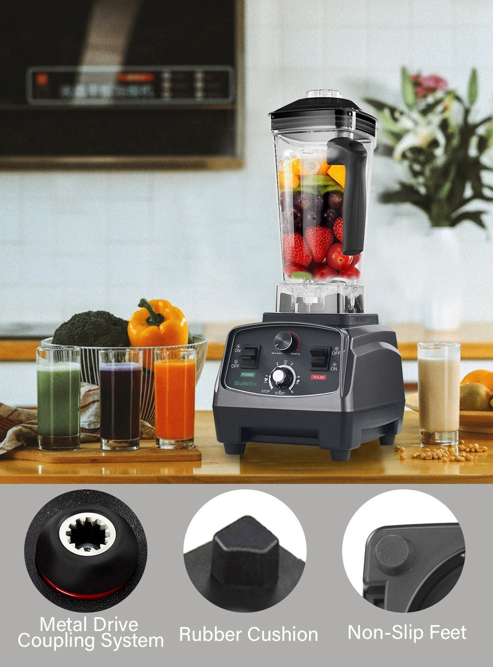 BioloMix T5200 Batidora con temporizador de 3 HP y 2200 W, licuadora de frutas y alimentos, capacidad de 2 L, sin BPA.