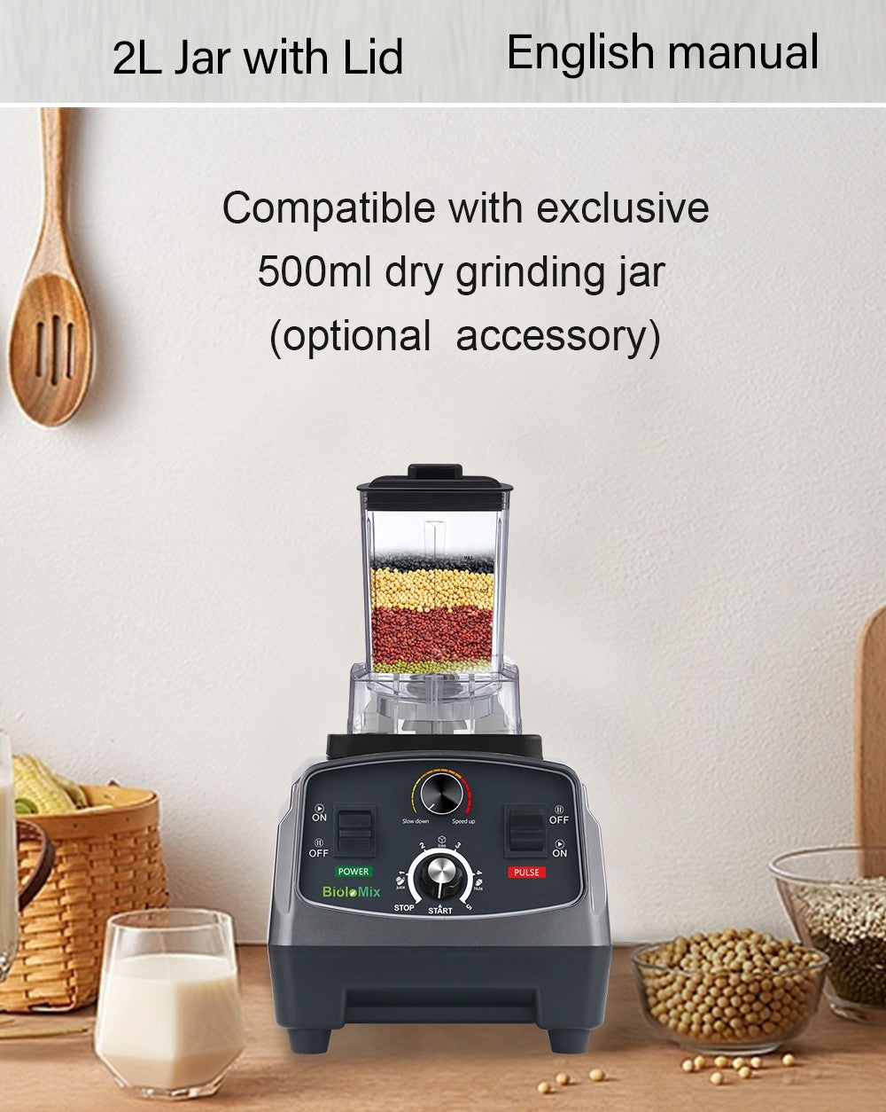BioloMix T5200 Batidora con temporizador de 3 HP y 2200 W, licuadora de frutas y alimentos, capacidad de 2 L, sin BPA.