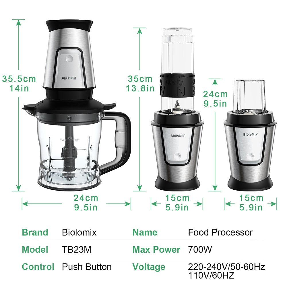 Procesador de alimentos multifuncional 3 en 1 BioloMix TB23M, exprimidor portátil de 700 W, batidora personal, picadora de carne, molinillo de café y especias, picadora de carne, batidos, mezclador de frutas.