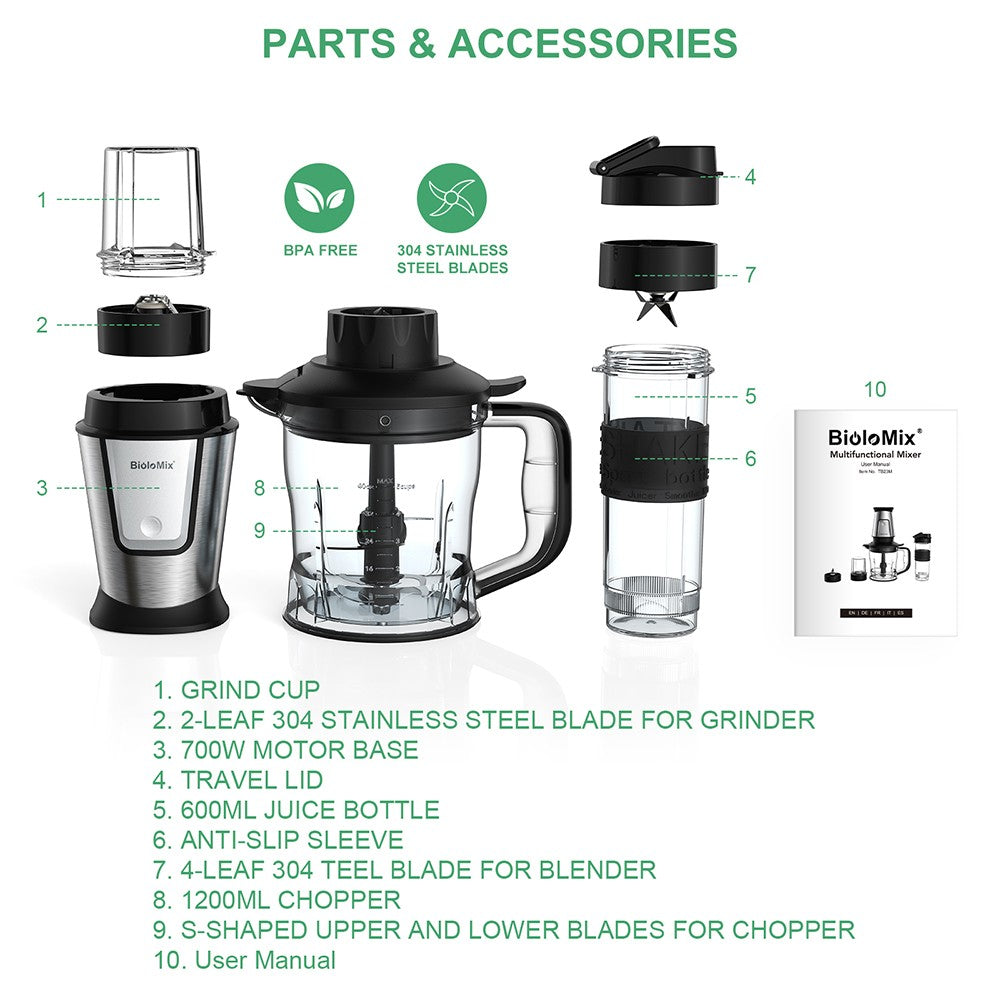 Procesador de alimentos multifuncional 3 en 1 BioloMix TB23M, exprimidor portátil de 700 W, batidora personal, picadora de carne, molinillo de café y especias, picadora de carne, batidos, mezclador de frutas.