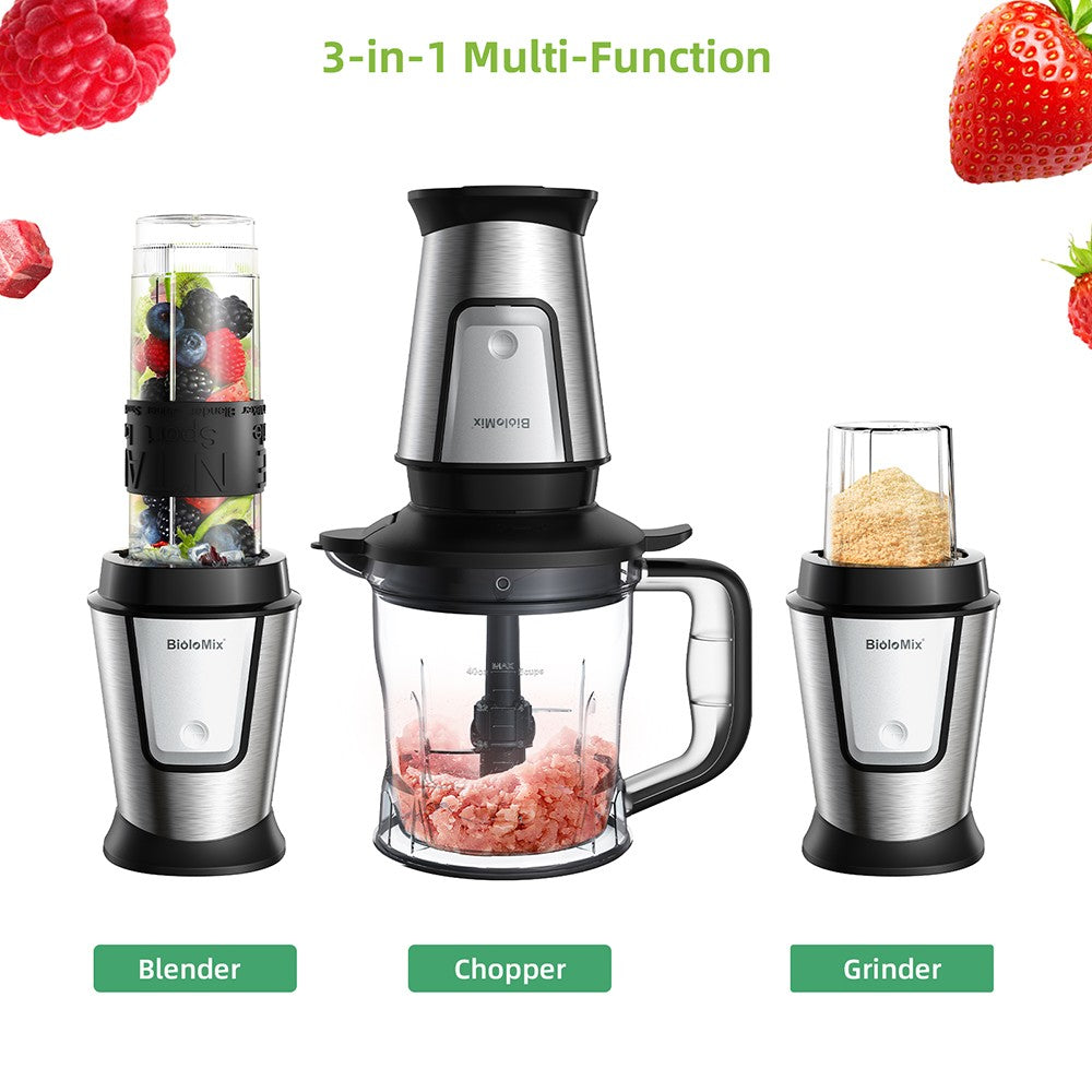 Procesador de alimentos multifuncional 3 en 1 BioloMix TB23M, exprimidor portátil de 700 W, batidora personal, picadora de carne, molinillo de café y especias, picadora de carne, batidos, mezclador de frutas.