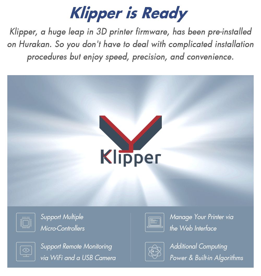 Impresora 3D BIQU Hurakan, Firmware Klipper, Nivelación automática, Micro sonda integrada, Cama caliente dividida, Impresión silenciosa, Sensor de fin de filamento, Control remoto WiFi, 220x220x270mm