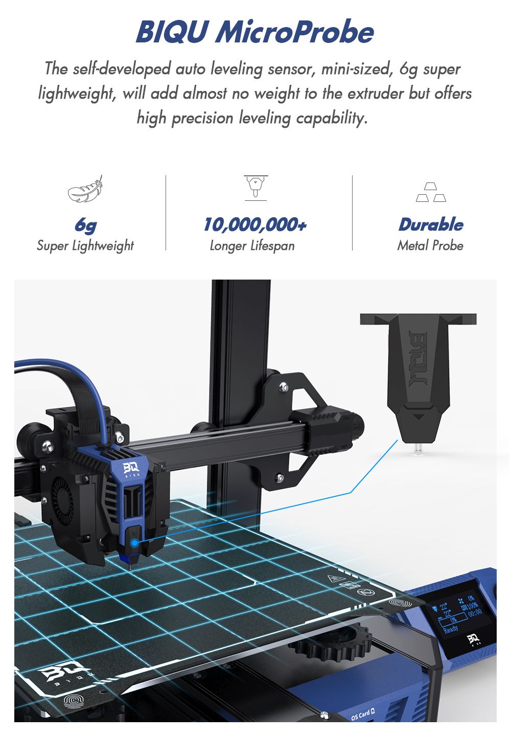 Impresora 3D BIQU Hurakan, Firmware Klipper, Nivelación automática, Micro sonda integrada, Cama caliente dividida, Impresión silenciosa, Sensor de fin de filamento, Control remoto WiFi, 220x220x270mm