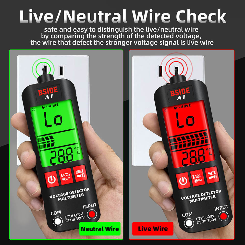 Multímetro digital BSIDE A1, bolígrafo para electricistas, probador de voltaje sin contacto, medidor de ohmios y Hz, prueba de cable vivo/neutro de CA, retroiluminación roja y verde, con bolsa de almacenamiento - negro
