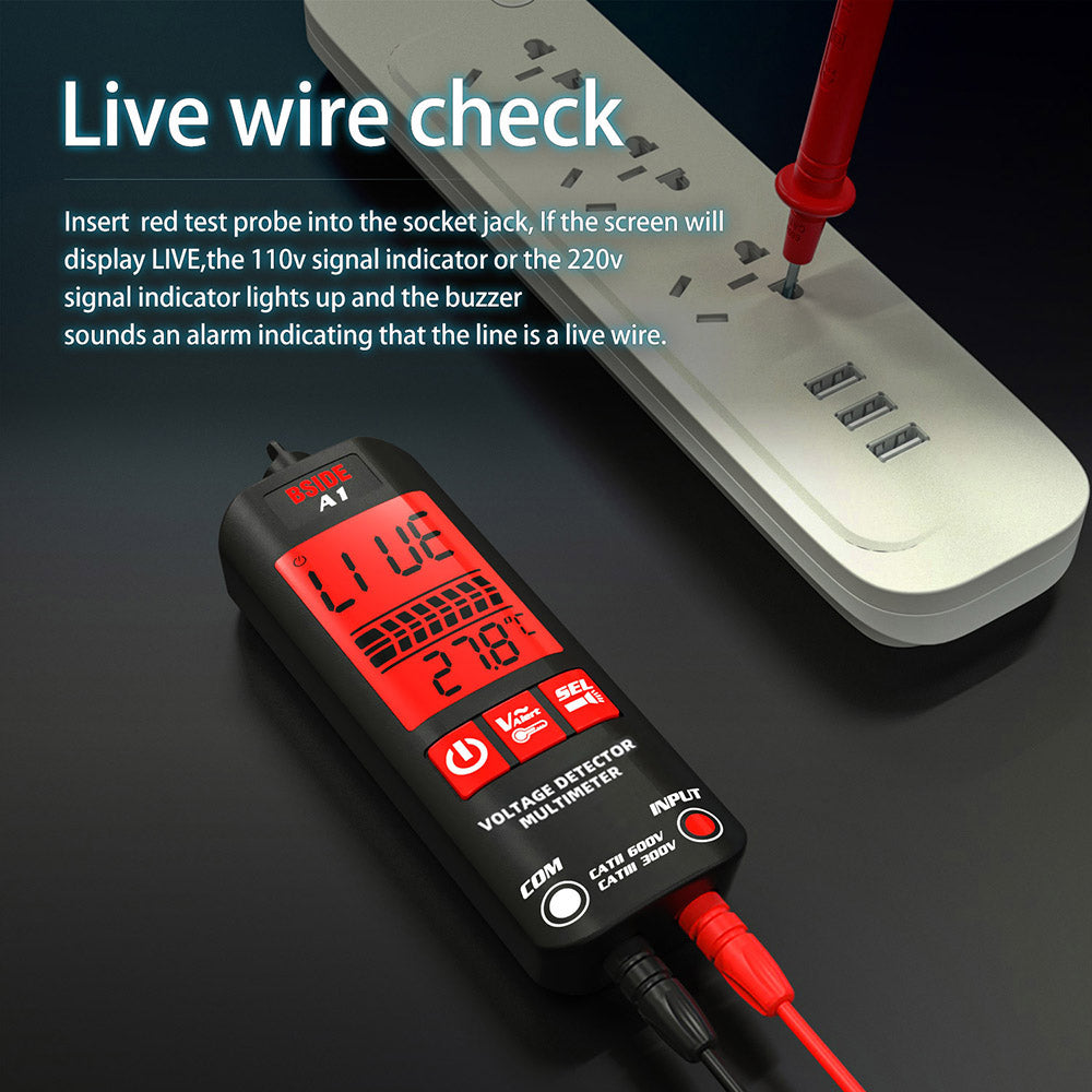 Multímetro digital BSIDE A1, bolígrafo para electricistas, probador de voltaje sin contacto, medidor de ohmios y Hz, prueba de cable vivo/neutro de CA, retroiluminación roja y verde, con bolsa de almacenamiento - negro