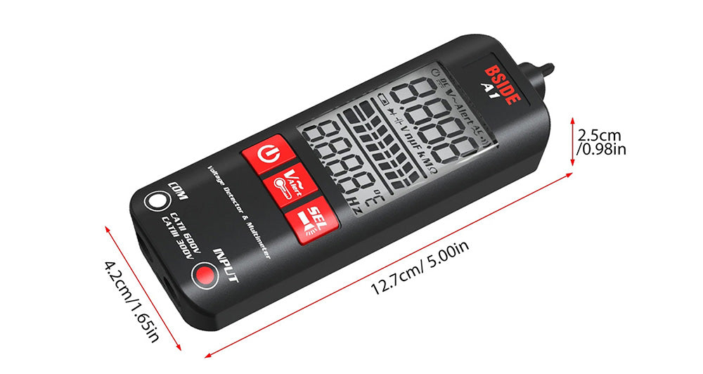 Multímetro digital BSIDE A1, bolígrafo para electricistas, probador de voltaje sin contacto, medidor de ohmios y Hz, prueba de cable vivo/neutro de CA, retroiluminación roja y verde, con bolsa de almacenamiento - negro