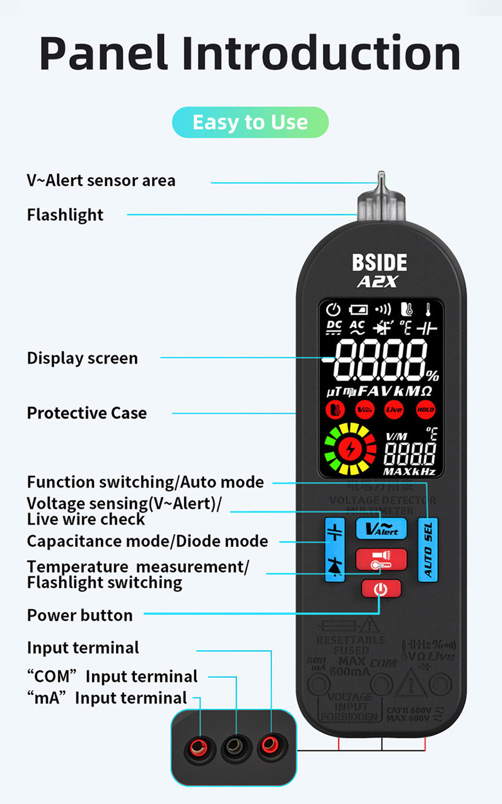 Multímetro digital inteligente BSIDE A2X, carga USB, pantalla LCD a color, batería recargable de iones de litio, linterna LED brillante, identificación inteligente de amperios.