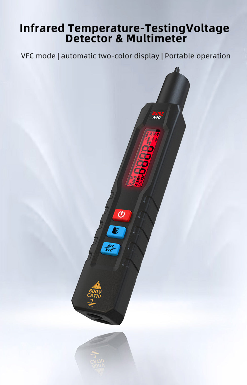 Multímetro digital inteligente BSIDE A40, prueba de temperatura por infrarrojos, bolígrafo de voltaje eléctrico sin contacto, termómetro de modo dual CA/CC, alarma NCV VFC, comprobación de cable vivo, negro - Sin pilas