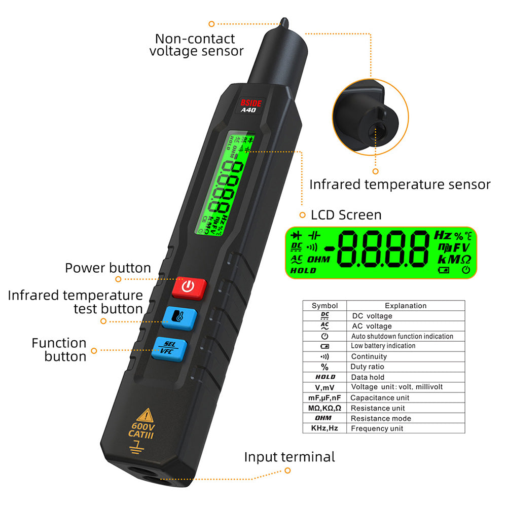 Multímetro digital inteligente BSIDE A40, prueba de temperatura por infrarrojos, bolígrafo de voltaje eléctrico sin contacto, termómetro de modo dual CA/CC, alarma NCV VFC, comprobación de cable vivo, negro - Sin pilas