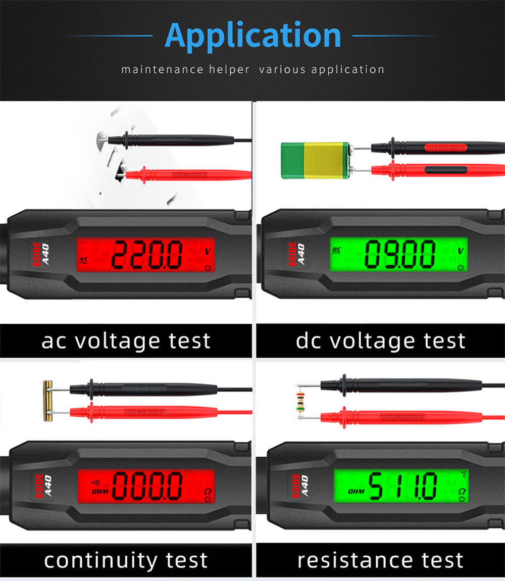 Multímetro digital inteligente BSIDE A40, prueba de temperatura por infrarrojos, bolígrafo de voltaje eléctrico sin contacto, termómetro de modo dual CA/CC, alarma NCV VFC, comprobación de cable vivo, negro - Sin pilas