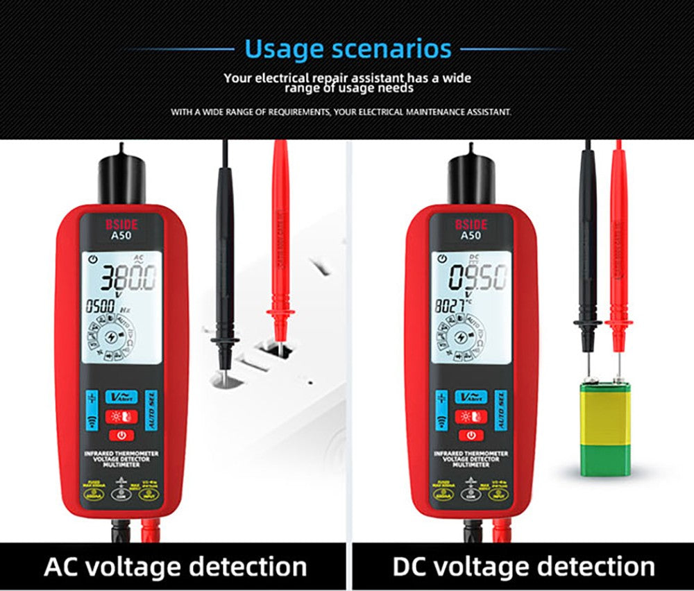 Multímetro digital BSIDE A50, 6000 cuentas, lápiz de prueba eléctrica, detector de fugas, medidor de voltaje/corriente/capacitancia/resistencia.