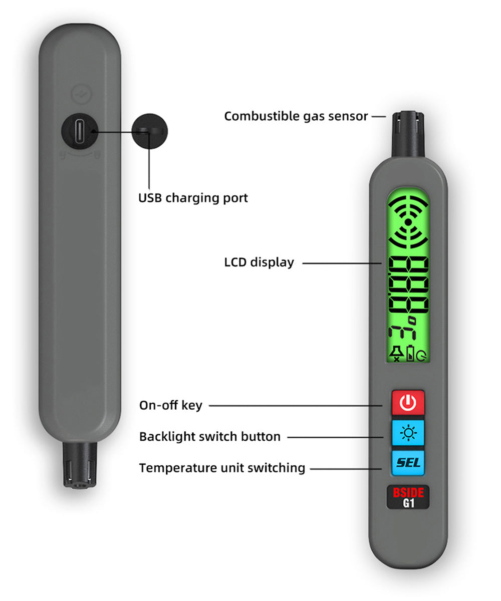 Detector de fugas de gases combustibles BSIDE G1, detección de fugas de gas natural, pantalla LCD con retroiluminación, alarma sonora, luminosa y por vibración, sin bolsa.