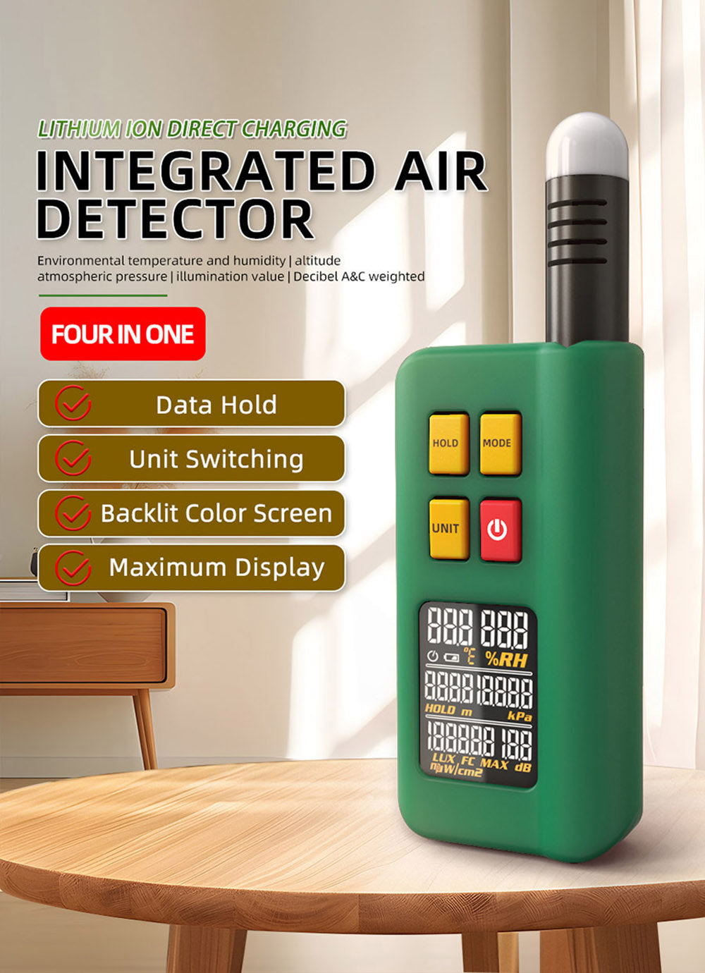 BSIDE GX1 Probador integral 4 en 1, probador de ambiente/temperatura humedad/luz ruido/altitud, con funciones de prueba ponderadas en decibelios, A y C - Verde