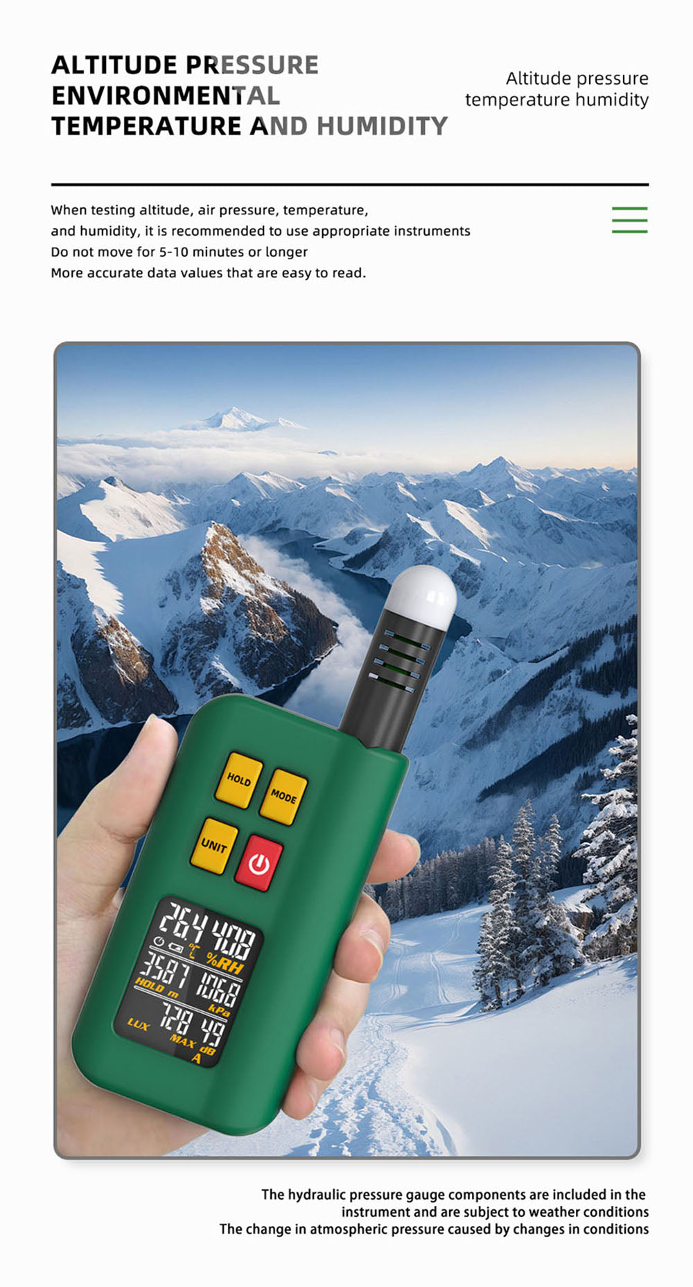 BSIDE GX1 Probador integral 4 en 1, probador de ambiente/temperatura humedad/luz ruido/altitud, con funciones de prueba ponderadas en decibelios, A y C - Verde