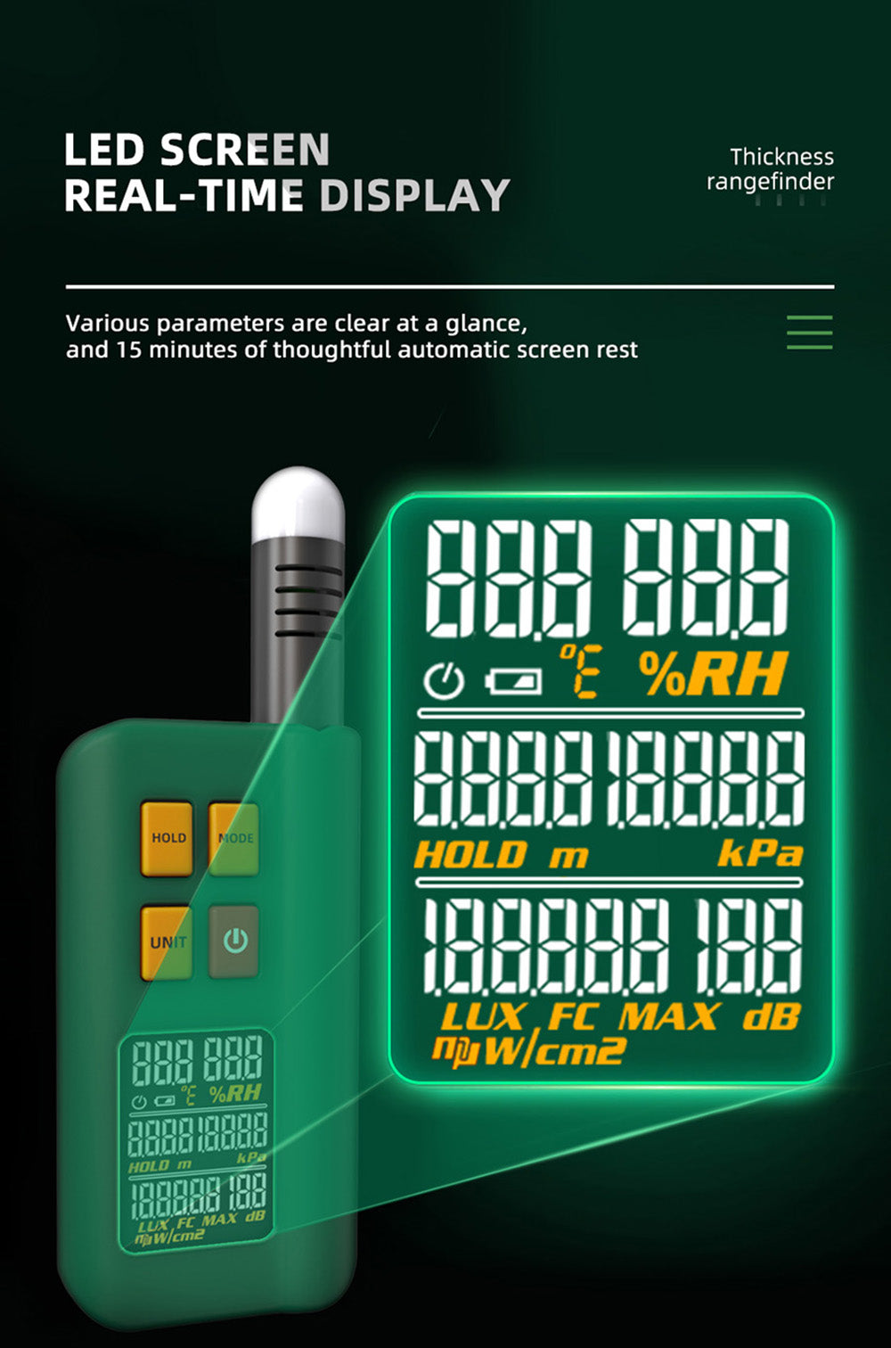BSIDE GX1 Probador integral 4 en 1, probador de ambiente/temperatura humedad/luz ruido/altitud, con funciones de prueba ponderadas en decibelios, A y C - Verde
