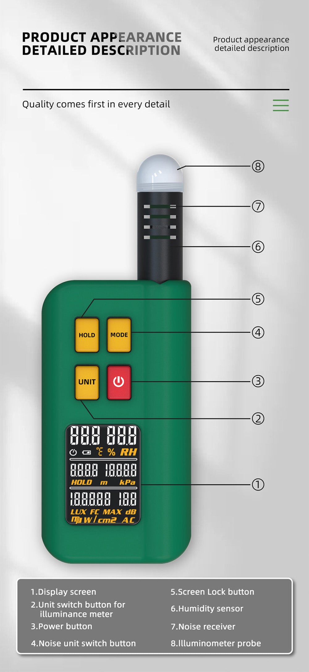 BSIDE GX1 Probador integral 4 en 1, probador de ambiente/temperatura humedad/luz ruido/altitud, con funciones de prueba ponderadas en decibelios, A y C - Verde