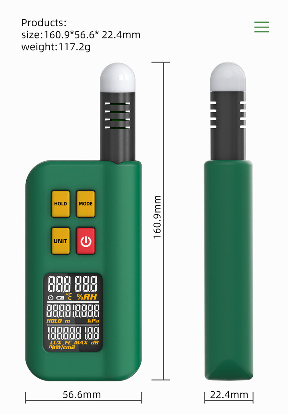 BSIDE GX1 Probador integral 4 en 1, probador de ambiente/temperatura humedad/luz ruido/altitud, con funciones de prueba ponderadas en decibelios, A y C - Verde