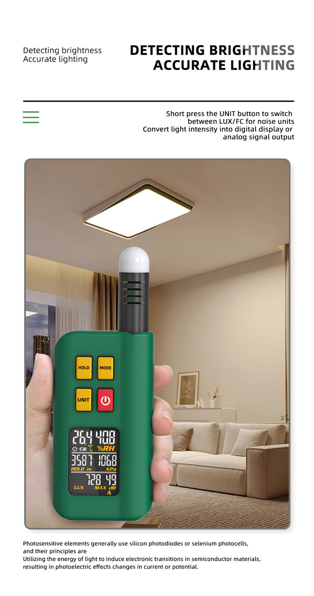 BSIDE GX1 Probador integral 4 en 1, probador de ambiente/temperatura humedad/luz ruido/altitud, con funciones de prueba ponderadas en decibelios, A y C - Verde