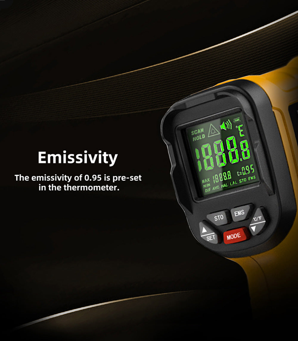 Termómetro Infrarrojo BSIDE H3, Pistola de Medición de Temperatura Industrial Láser Digital de Mano sin Contacto, -58℉—2552℉, Amarillo, Sin Batería