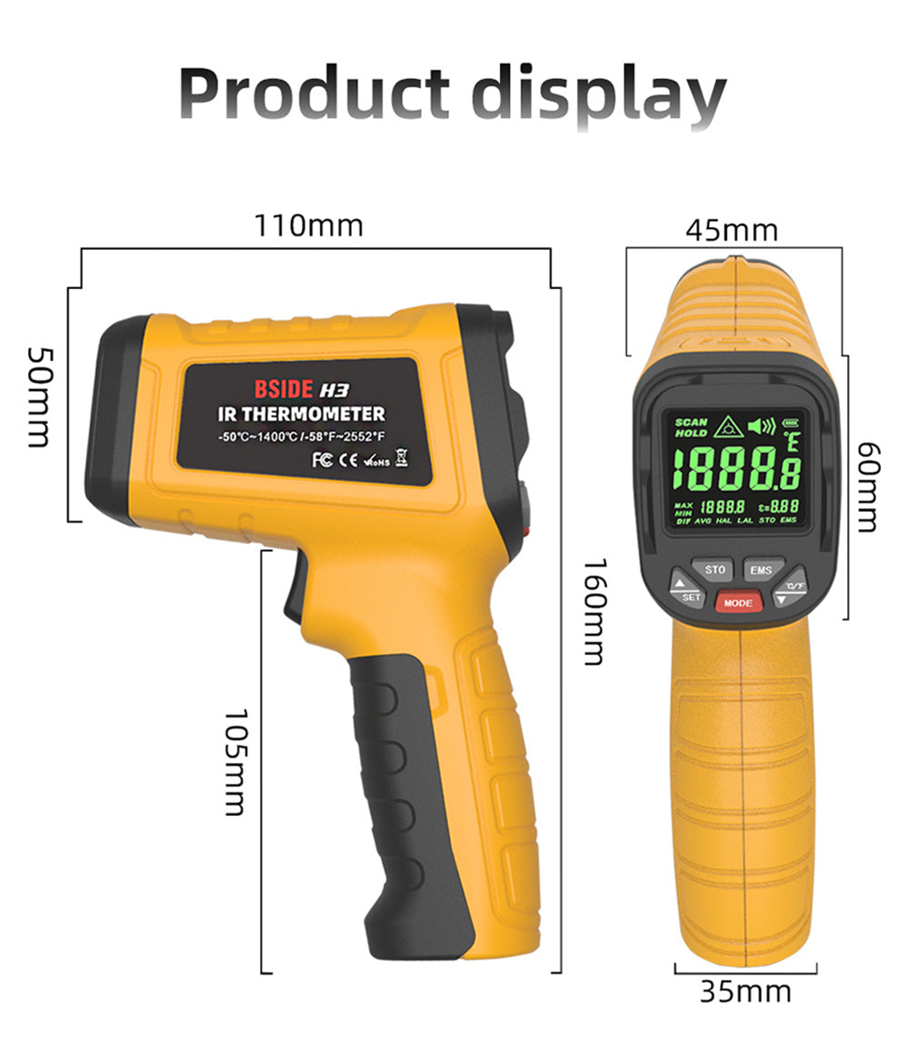 Termómetro Infrarrojo BSIDE H3, Pistola de Medición de Temperatura Industrial Láser Digital de Mano sin Contacto, -58℉—2552℉, Amarillo, Sin Batería
