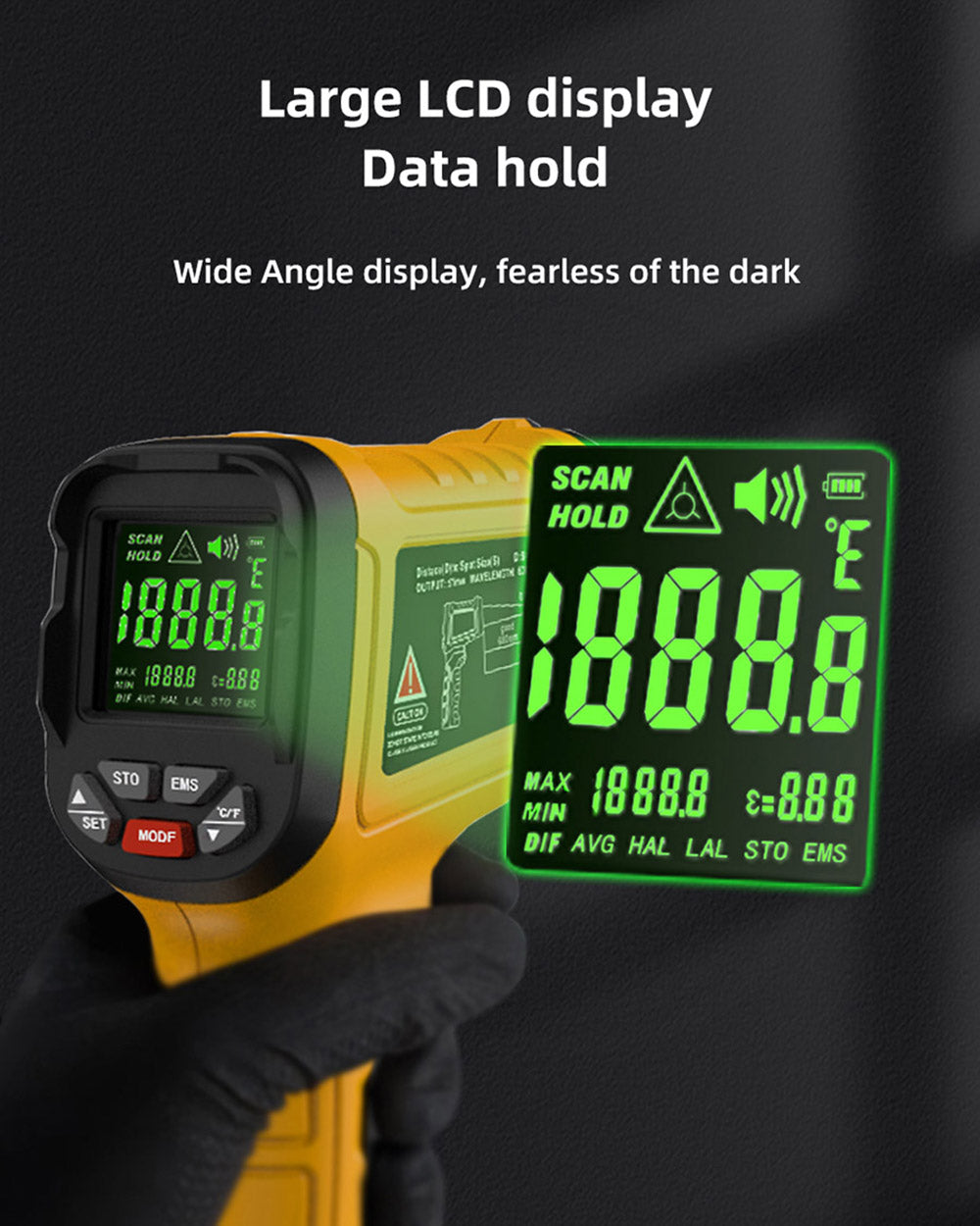 Termómetro Infrarrojo BSIDE H3, Pistola de Medición de Temperatura Industrial Láser Digital de Mano sin Contacto, -58℉—2552℉, Amarillo, Sin Batería