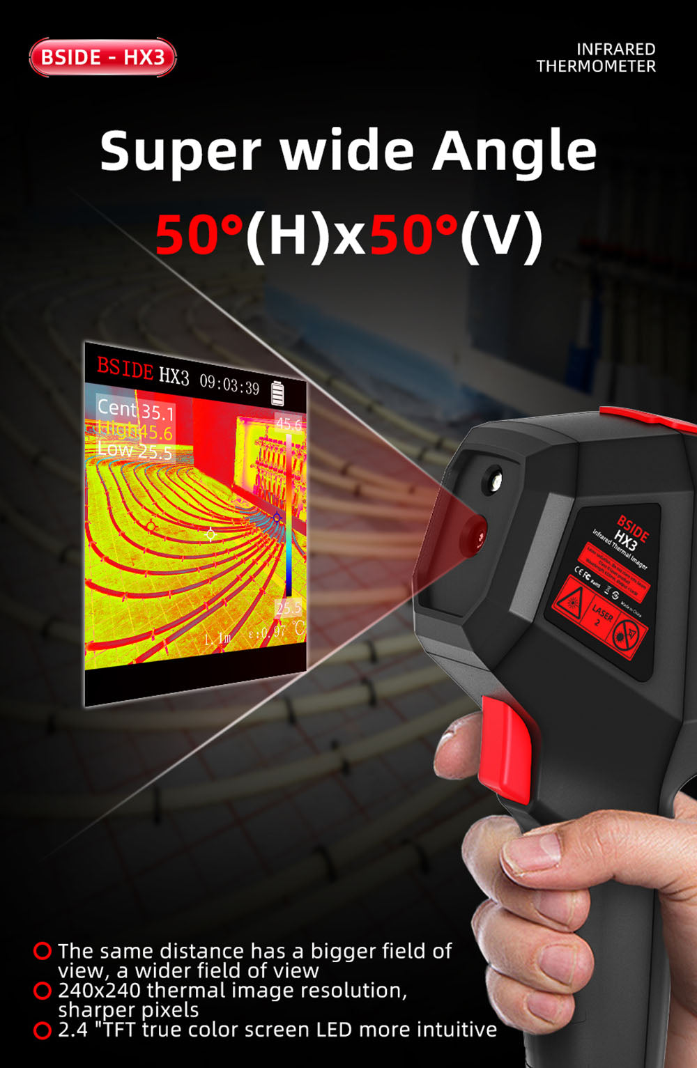Cámara de imagen térmica infrarroja BSIDE HX3, pantalla LCD TFT de 2,4 pulgadas, resolución de 240 x 240, rango de temperatura de -20 °C a 550 °C, para inspección de viviendas, HVAC y electricidad.
