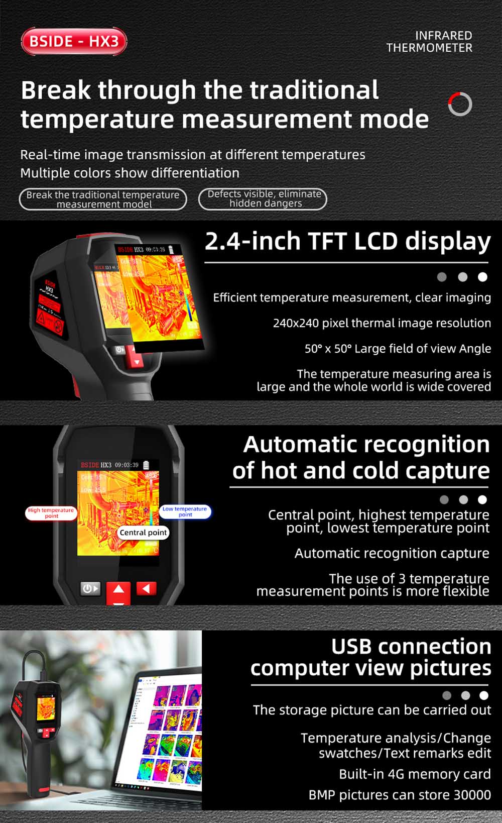 Cámara de imagen térmica infrarroja BSIDE HX3, pantalla LCD TFT de 2,4 pulgadas, resolución de 240 x 240, rango de temperatura de -20 °C a 550 °C, para inspección de viviendas, HVAC y electricidad.