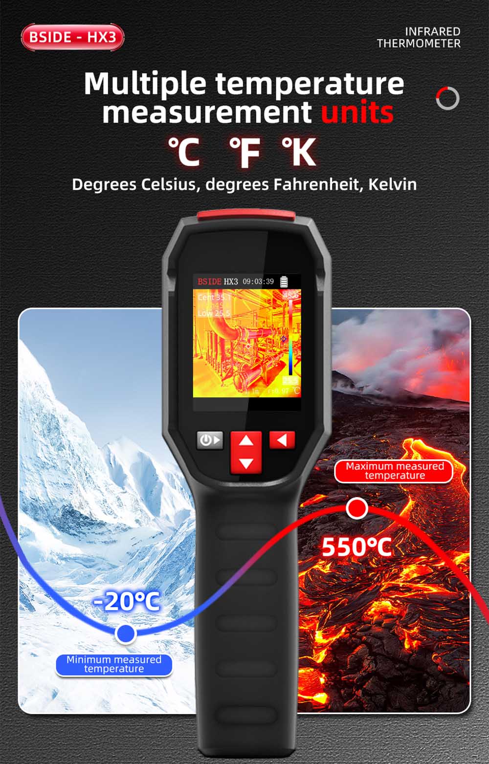 Cámara de imagen térmica infrarroja BSIDE HX3, pantalla LCD TFT de 2,4 pulgadas, resolución de 240 x 240, rango de temperatura de -20 °C a 550 °C, para inspección de viviendas, HVAC y electricidad.