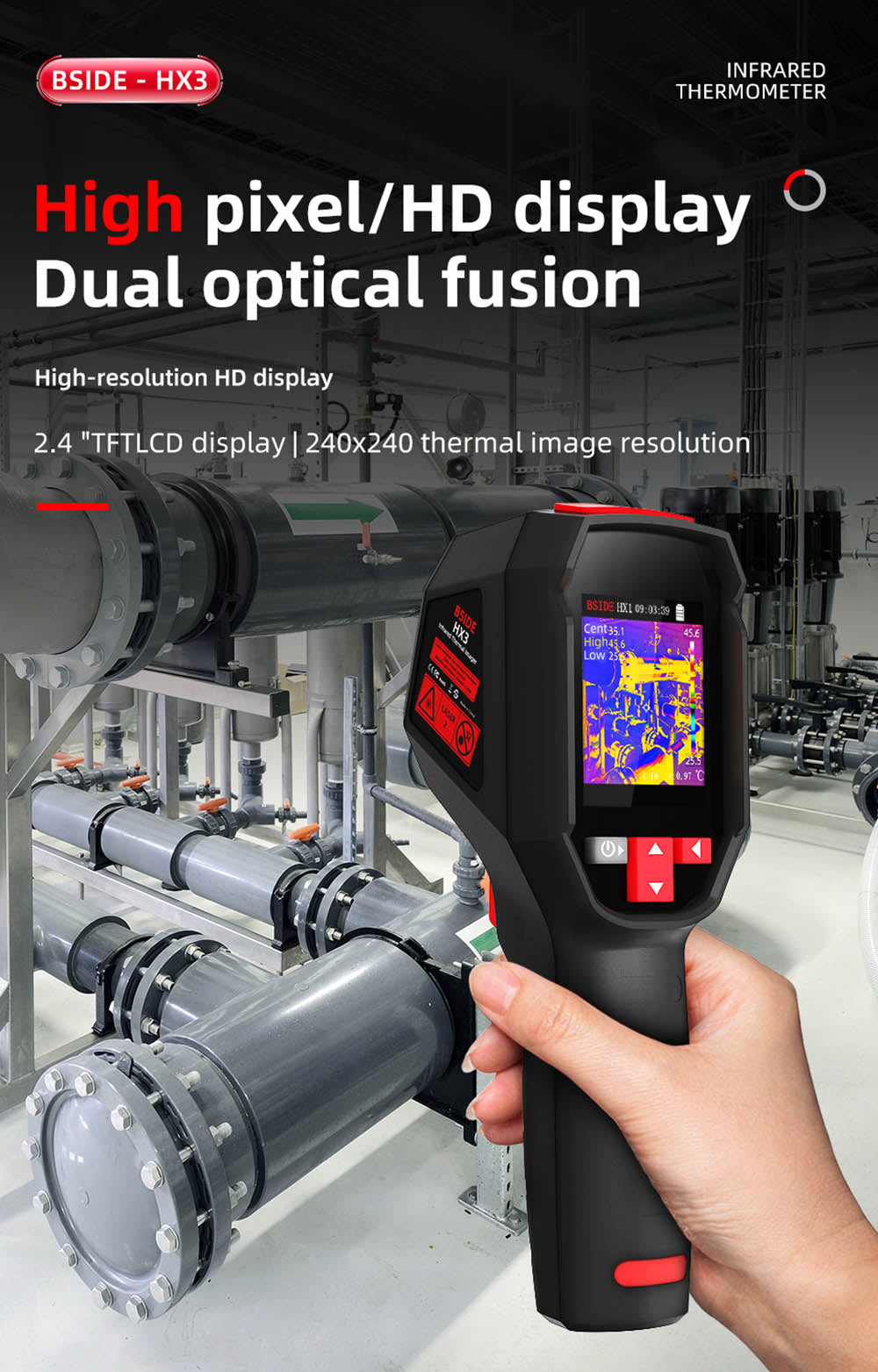 Cámara de imagen térmica infrarroja BSIDE HX3, pantalla LCD TFT de 2,4 pulgadas, resolución de 240 x 240, rango de temperatura de -20 °C a 550 °C, para inspección de viviendas, HVAC y electricidad.