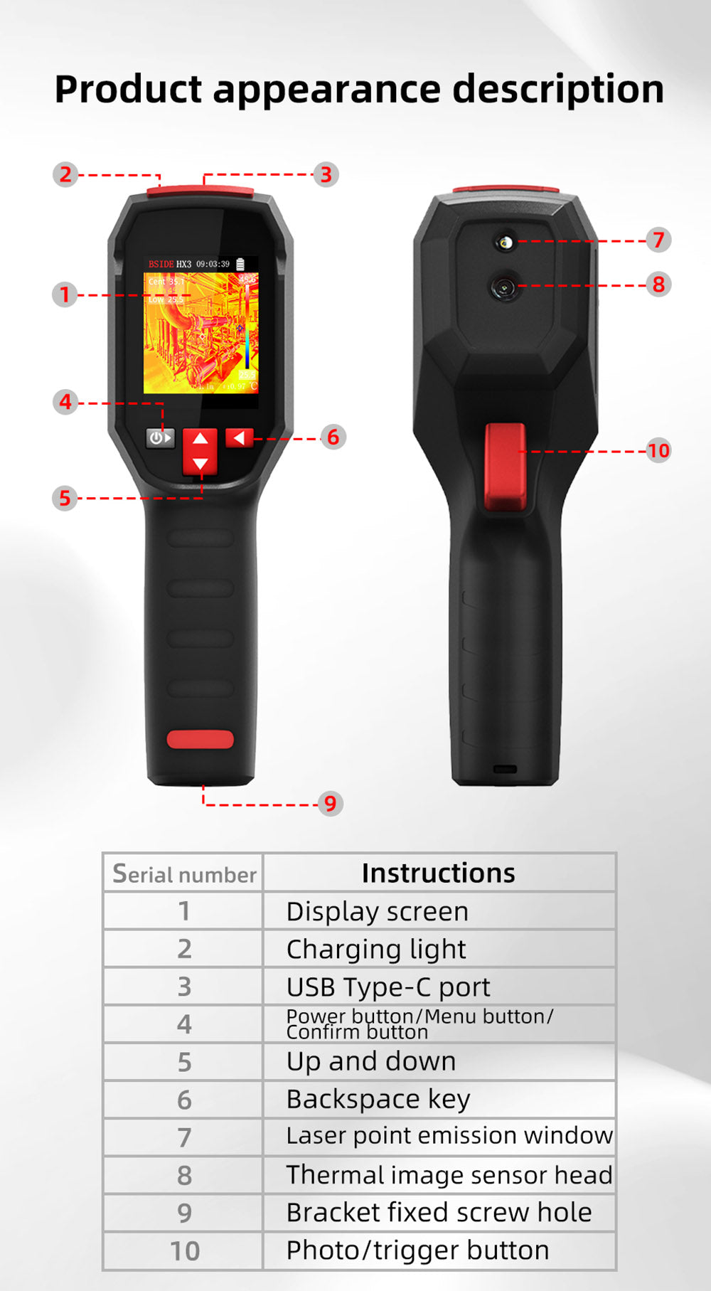Cámara de imagen térmica infrarroja BSIDE HX3, pantalla LCD TFT de 2,4 pulgadas, resolución de 240 x 240, rango de temperatura de -20 °C a 550 °C, para inspección de viviendas, HVAC y electricidad.