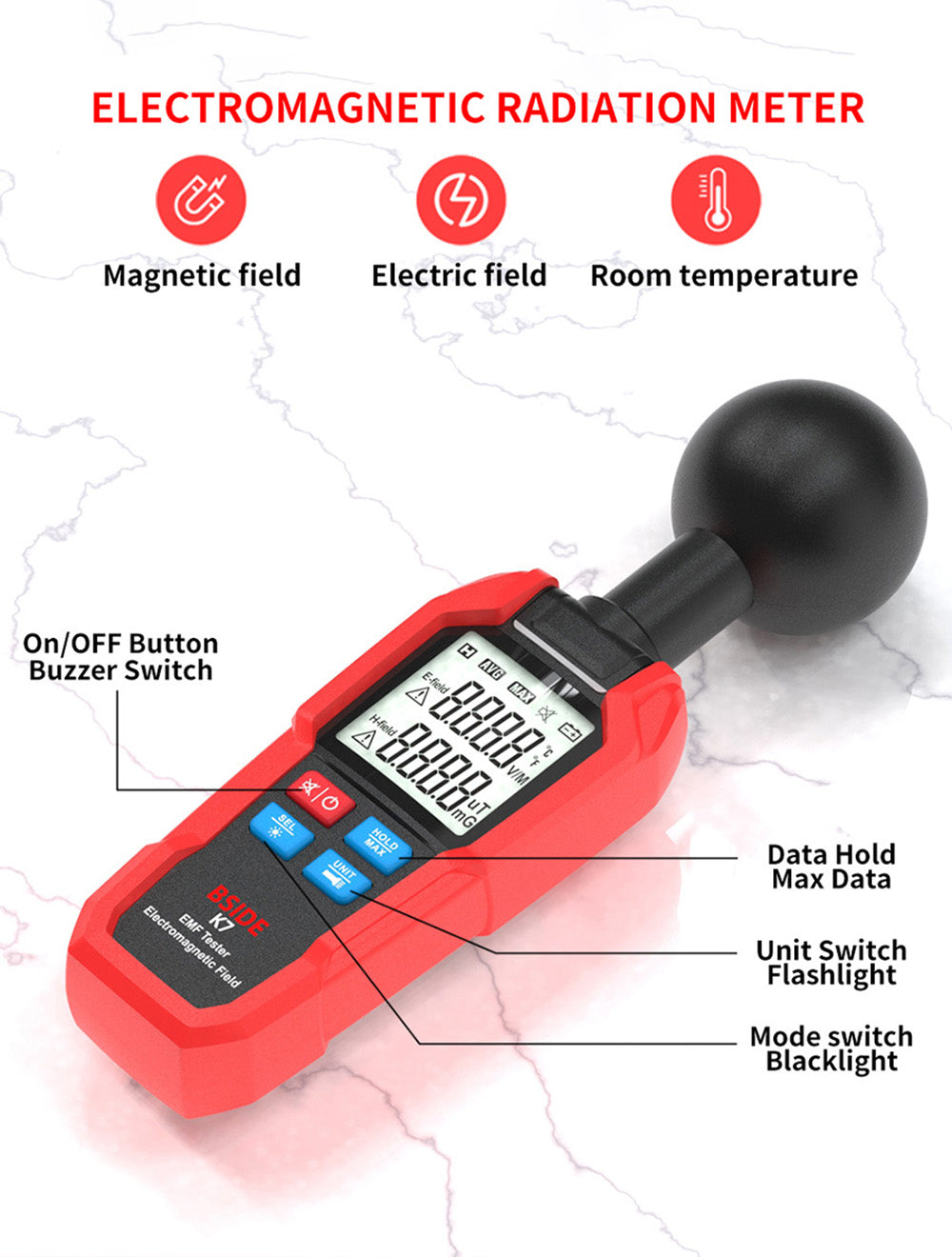 Detector de Campo Electromagnético BSIDE K7, Medidor EMF, Detector de Señal de Radiación, Medición Automática 360°, Alarma Sonora y Luminosa, con Linterna de Sobredosis, Pantalla LCD - Rojo, sin Batería