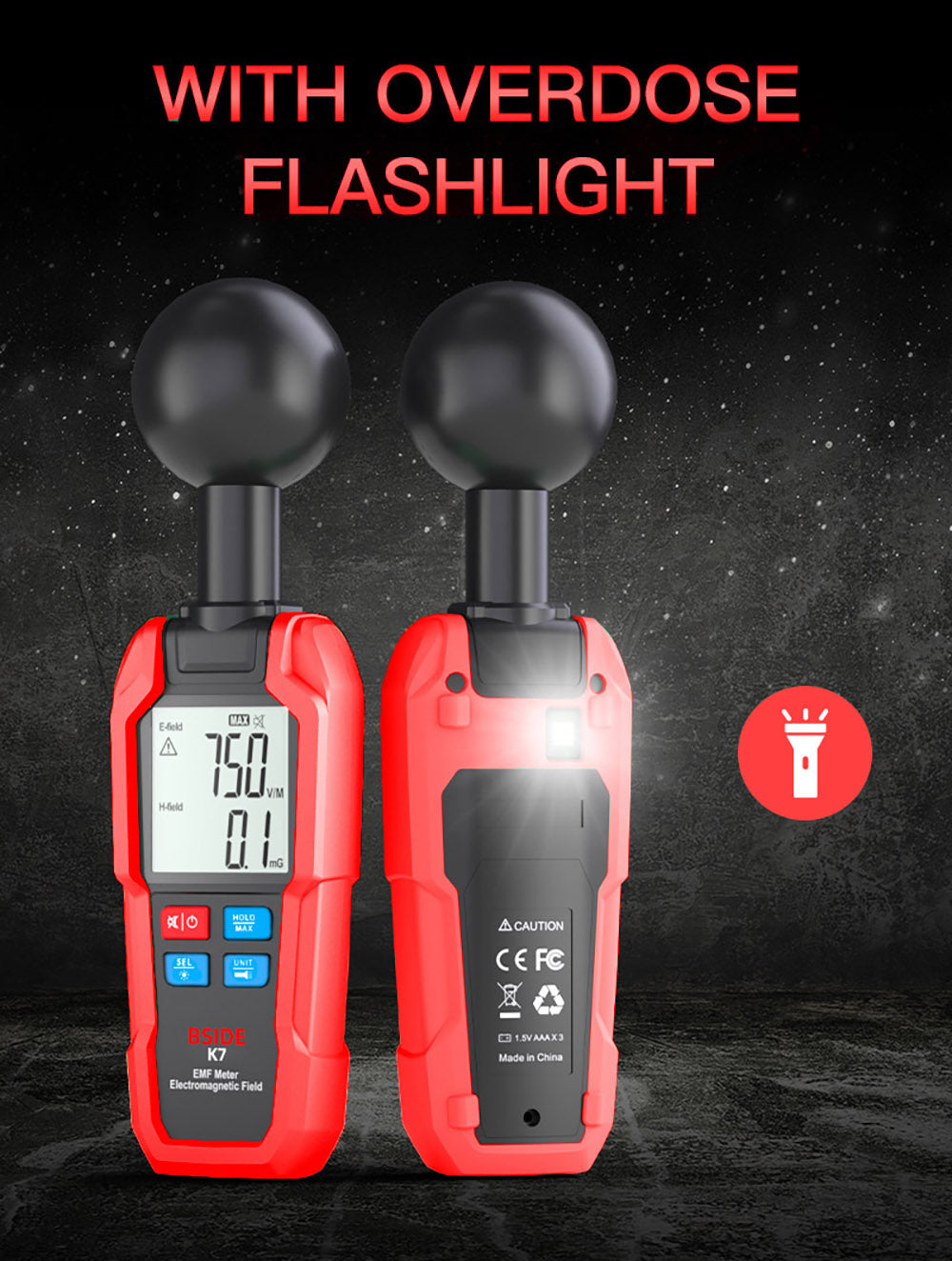 Detector de Campo Electromagnético BSIDE K7, Medidor EMF, Detector de Señal de Radiación, Medición Automática 360°, Alarma Sonora y Luminosa, con Linterna de Sobredosis, Pantalla LCD - Rojo, sin Batería