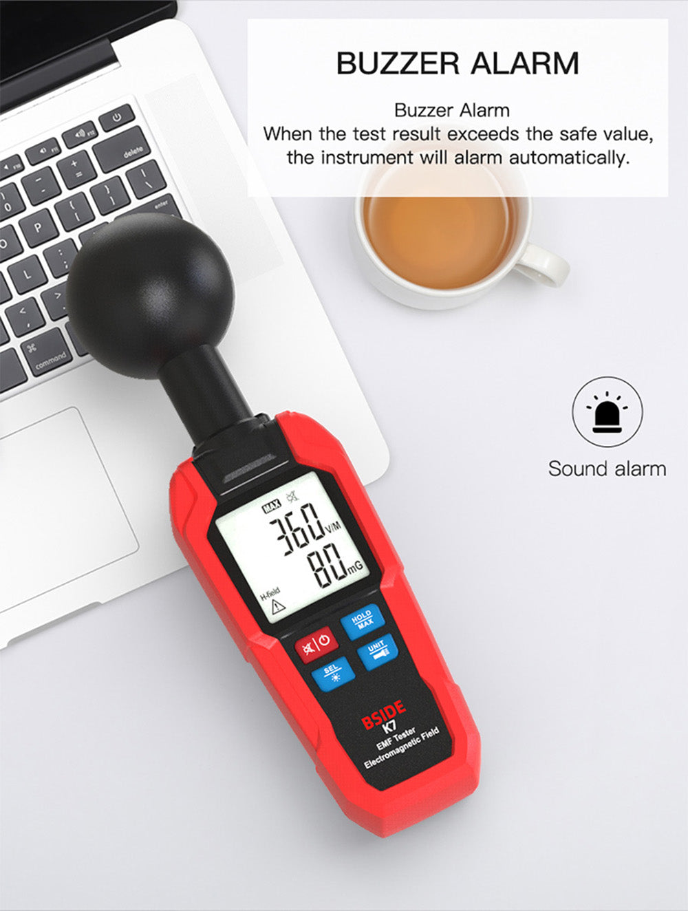 Detector de Campo Electromagnético BSIDE K7, Medidor EMF, Detector de Señal de Radiación, Medición Automática 360°, Alarma Sonora y Luminosa, con Linterna de Sobredosis, Pantalla LCD - Rojo, sin Batería